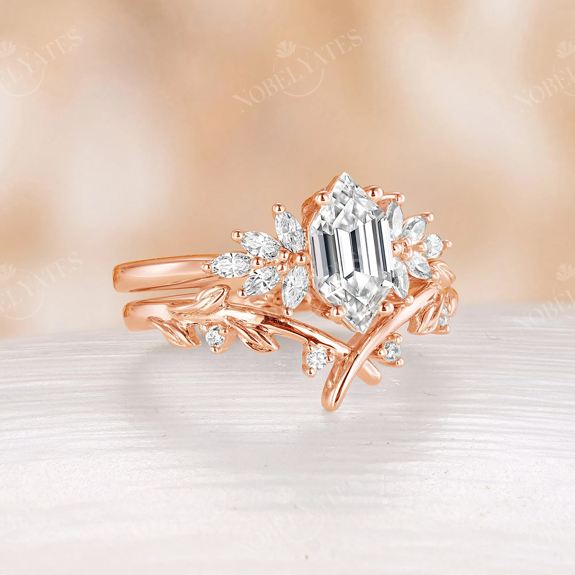 Hexagon Moissanite Cluster Nature Leaf Curved Band Bridal Set Rose Gold