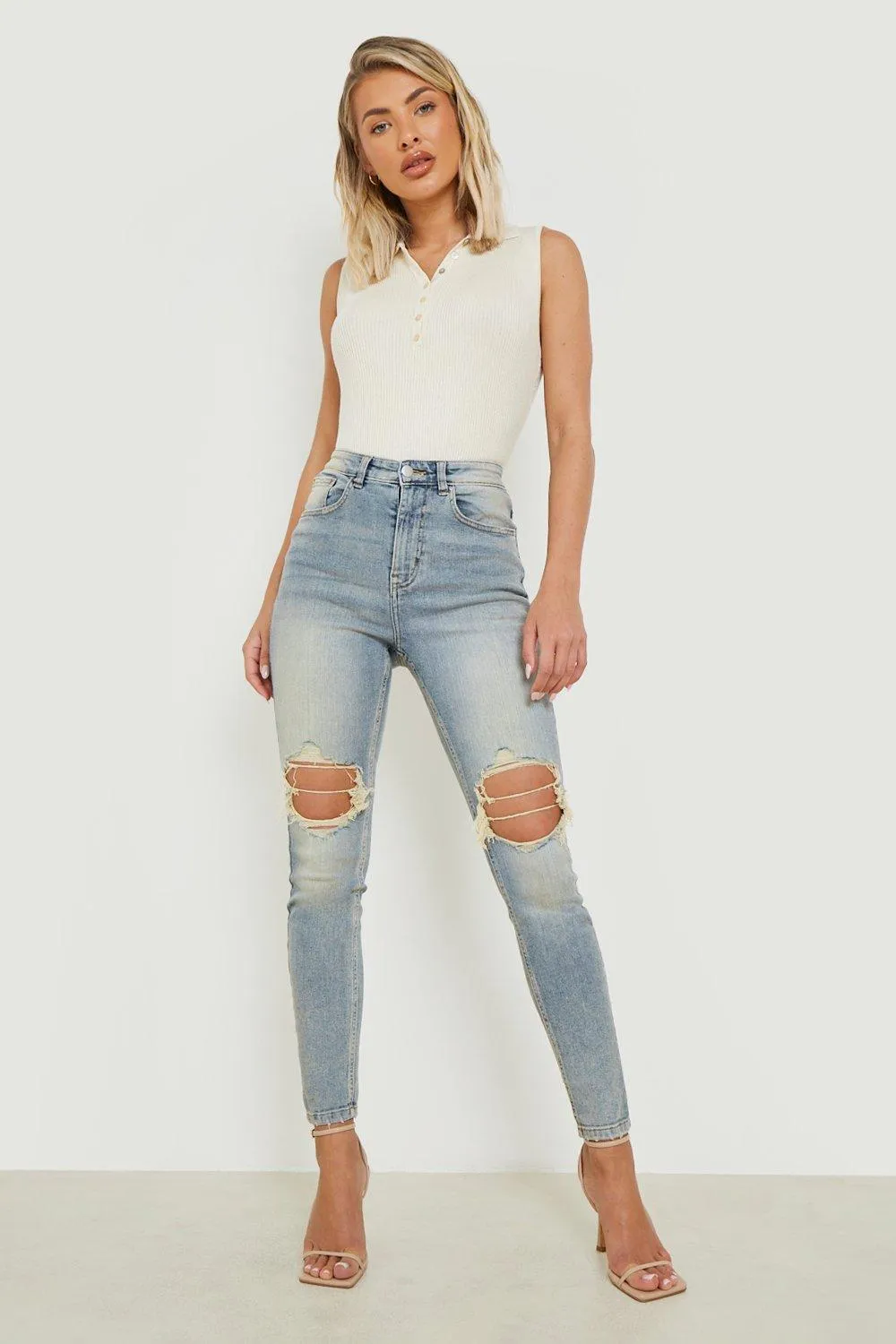 High Waist Stonewash Ripped Skinny Jeans