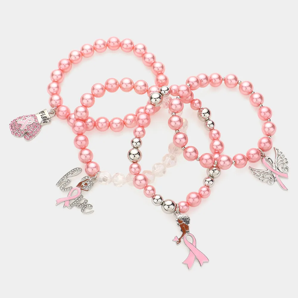 Pink Ribbon Pointed Glove Bracelet Set with Afro Girl Angel Wing Charm and Hope Message