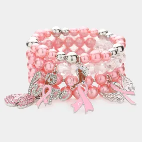 Pink Ribbon Pointed Glove Bracelet Set with Afro Girl Angel Wing Charm and Hope Message