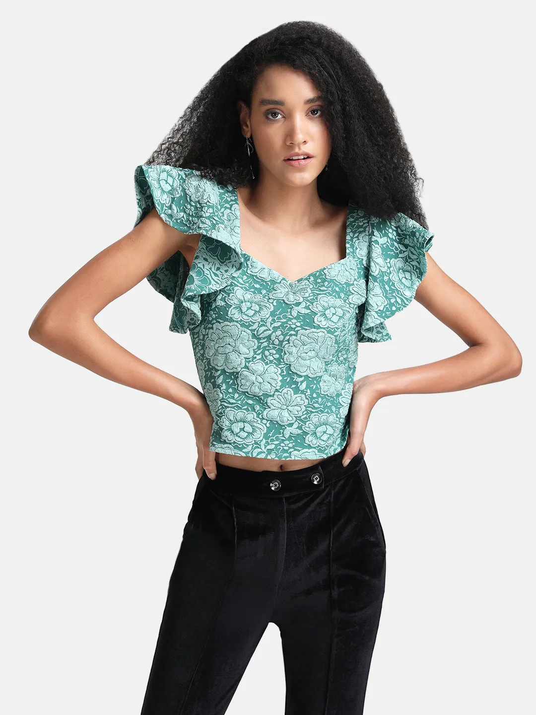 Jacquard Crop Top Flutter Sleeves