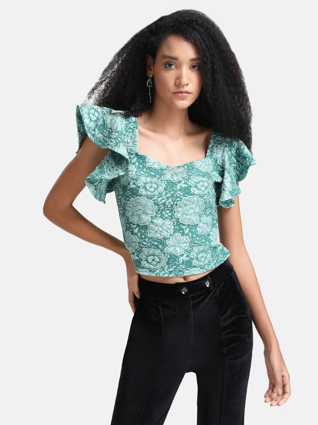 Jacquard Crop Top Flutter Sleeves