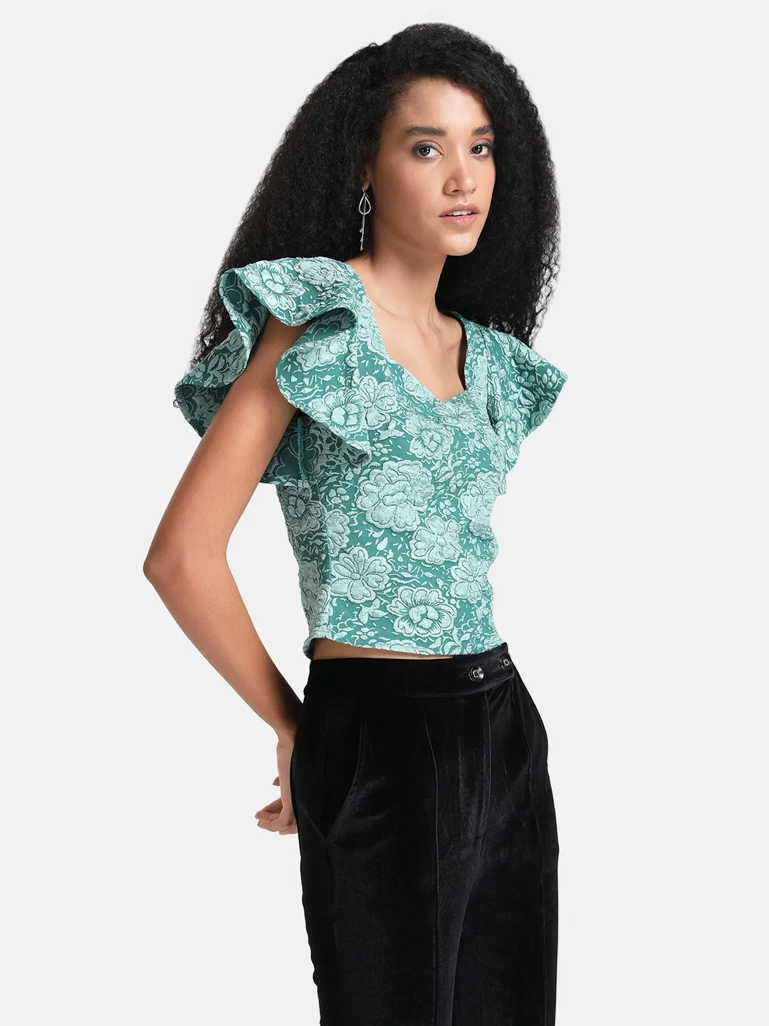 Jacquard Crop Top Flutter Sleeves