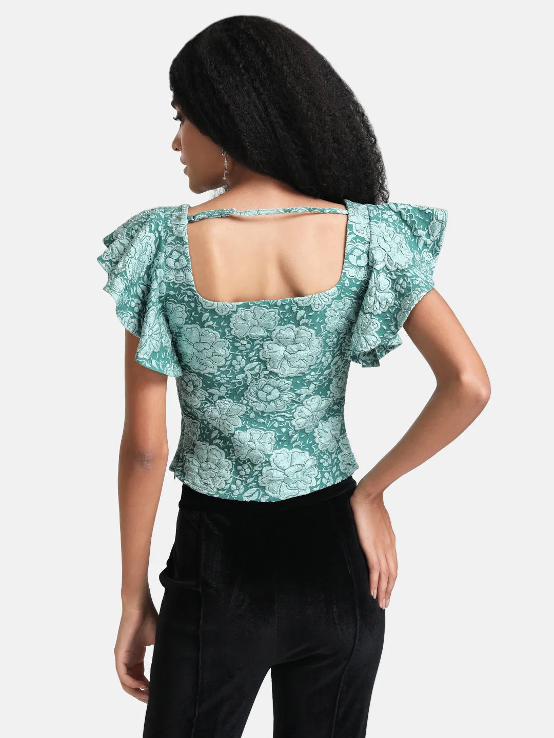 Jacquard Crop Top Flutter Sleeves