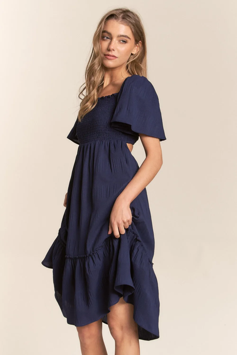 Jenna Smocked Bow Back Ruffle Hem Dress