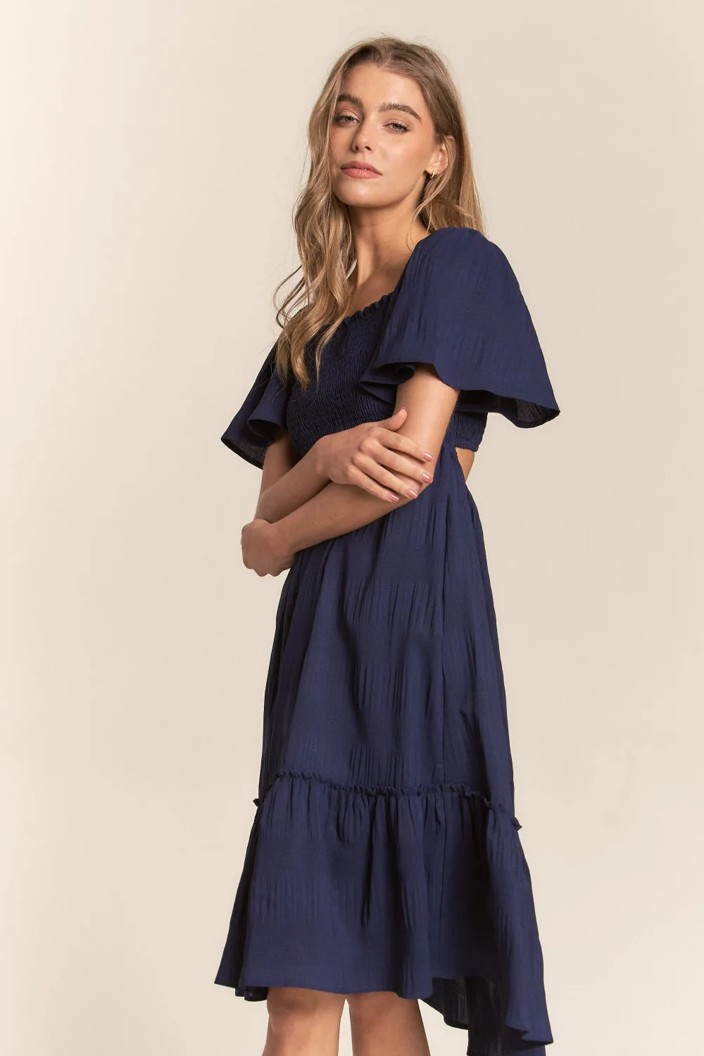 Jenna Smocked Bow Back Ruffle Hem Dress