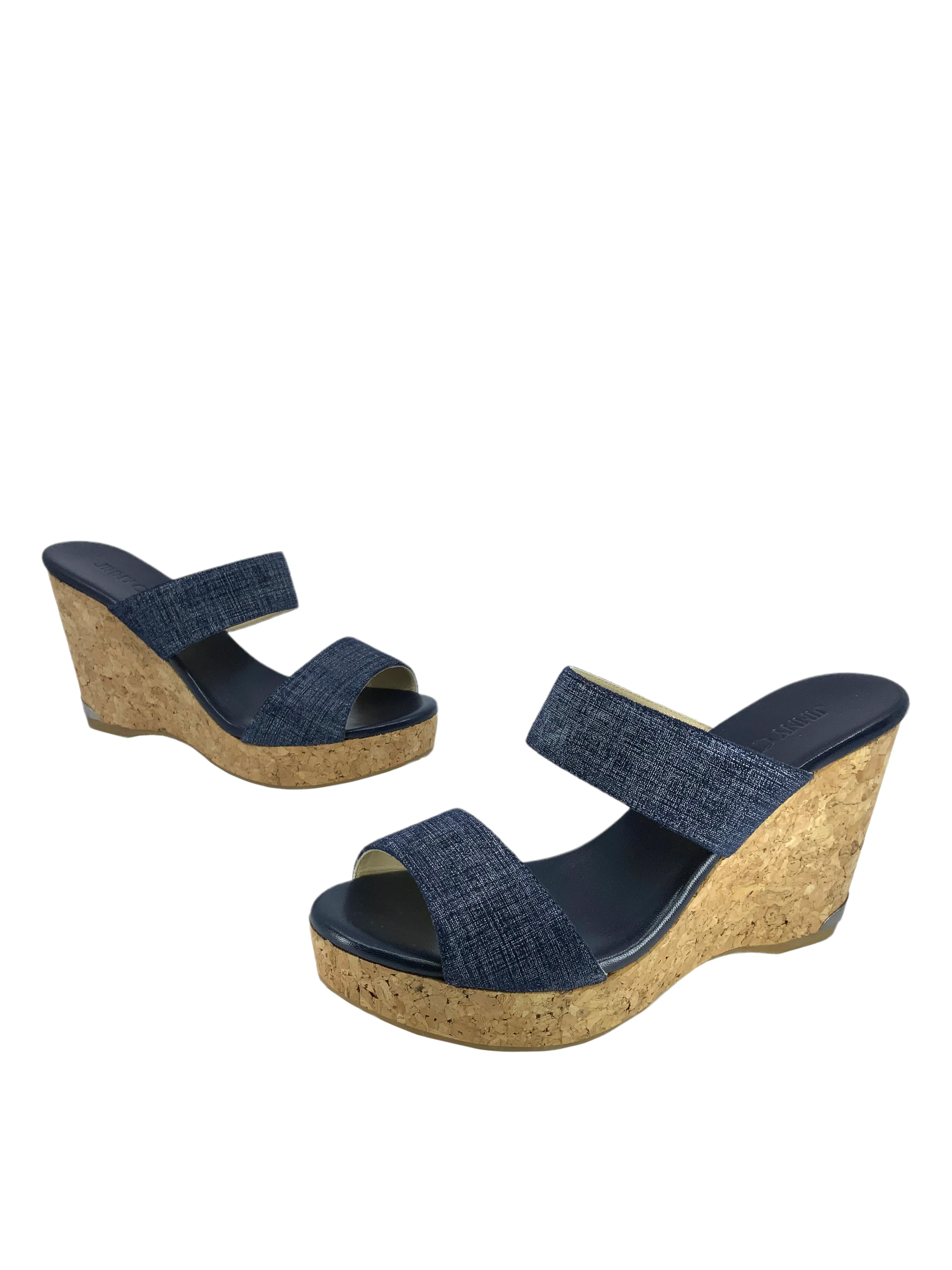 Jimmy Choo Parker Denim Cork Wedge Slide Sandals 9.5