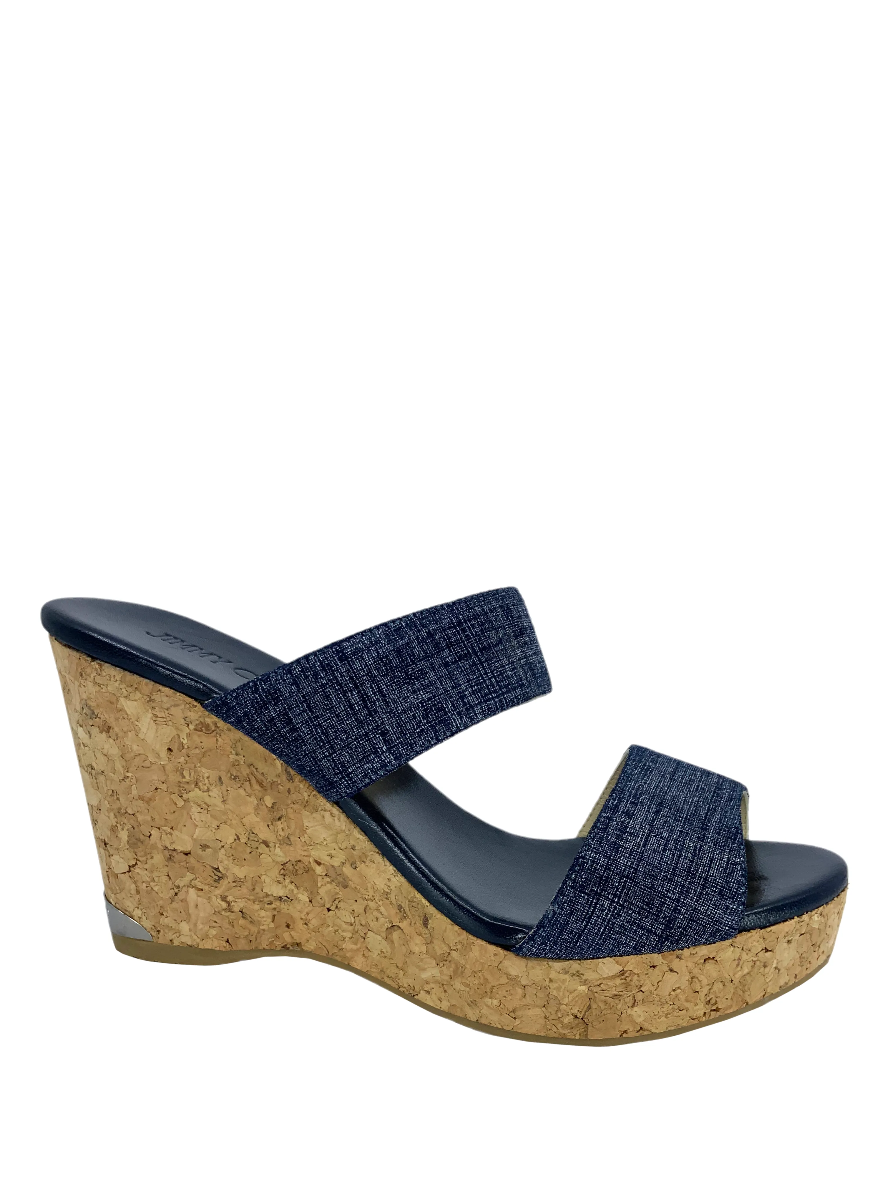 Jimmy Choo Parker Denim Cork Wedge Slide Sandals 9.5