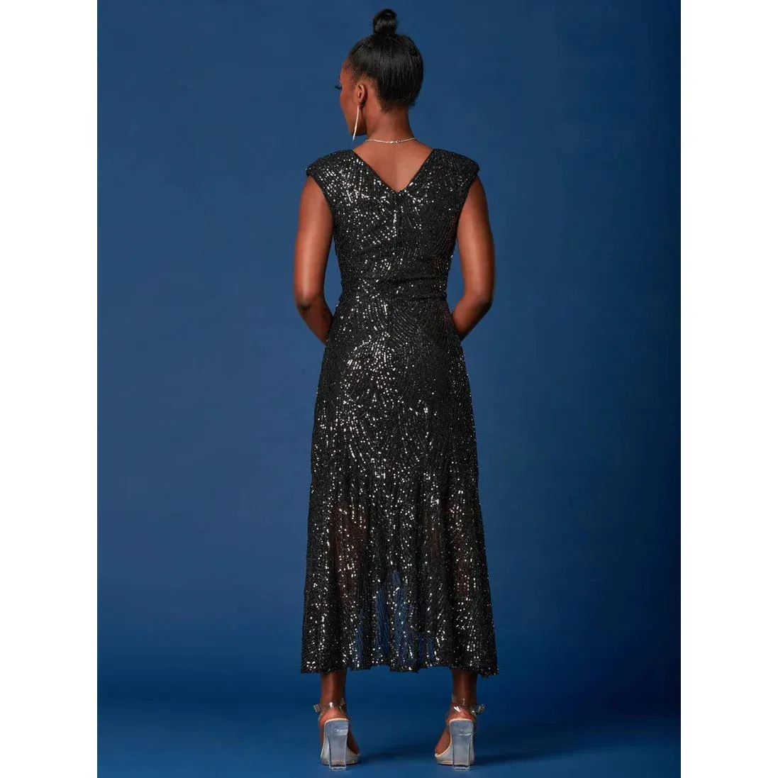 Black Sequin Wrap Dress with Ruffle Hem - Jolie Moi