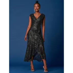 Black Sequin Wrap Dress with Ruffle Hem - Jolie Moi