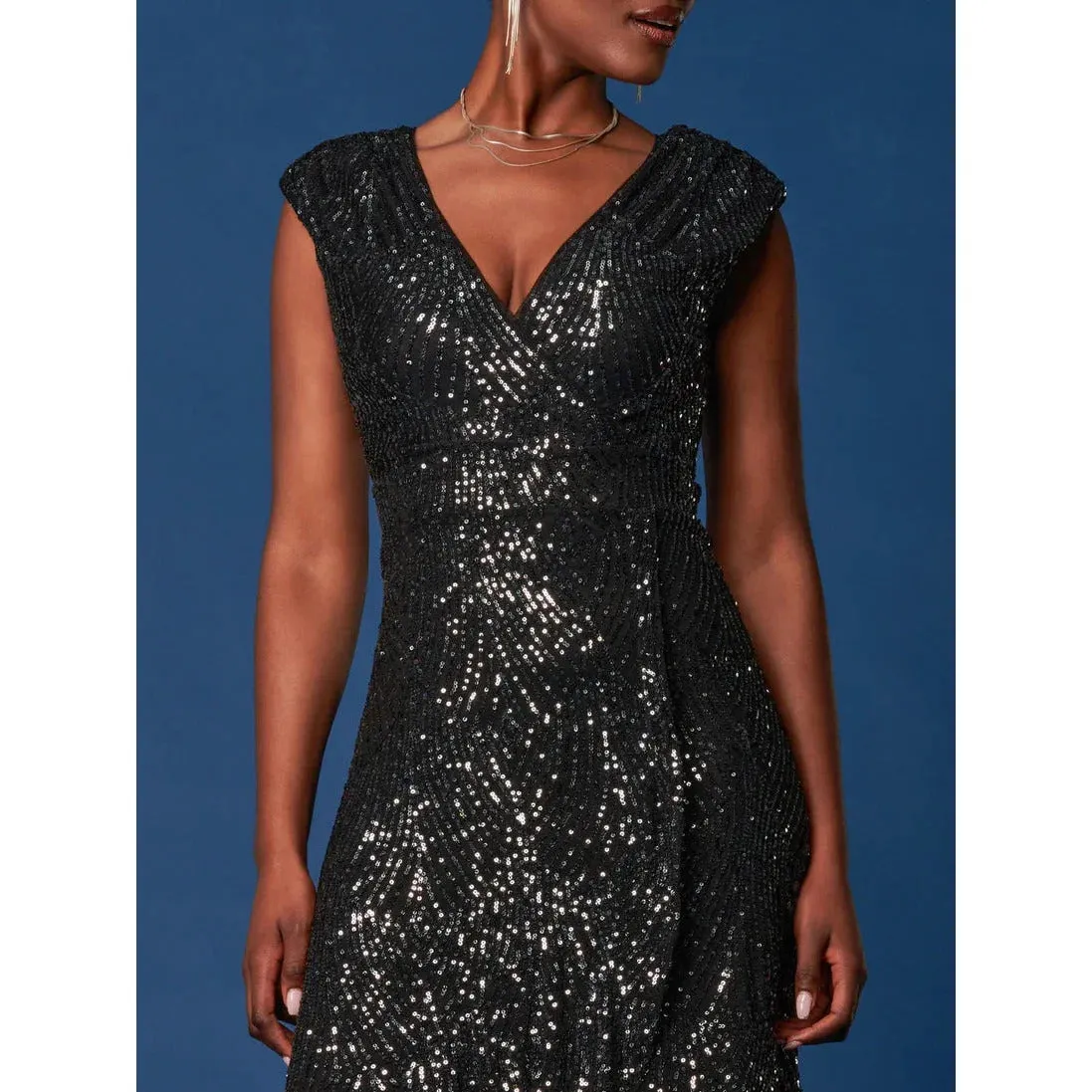 Black Sequin Wrap Dress with Ruffle Hem - Jolie Moi