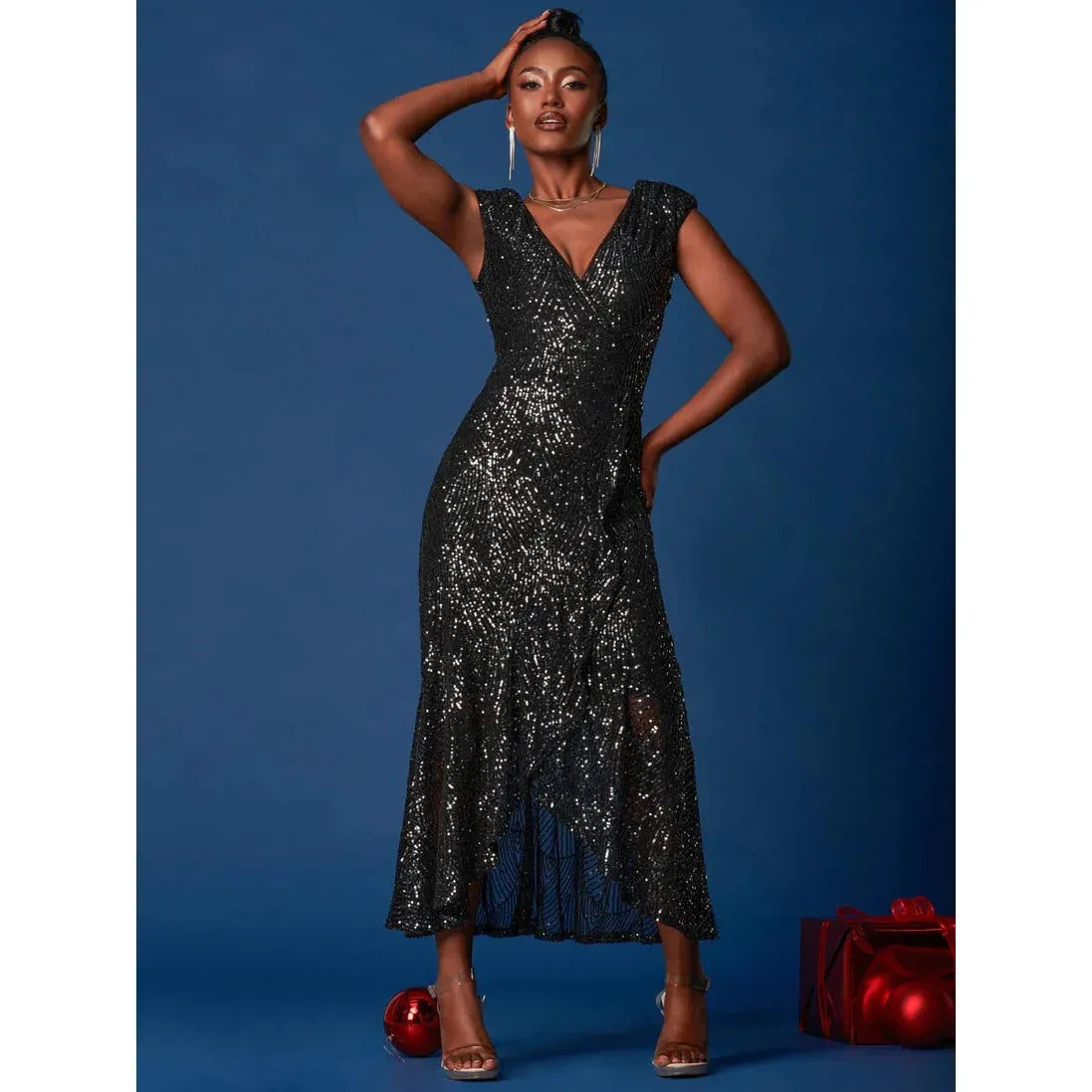 Black Sequin Wrap Dress with Ruffle Hem - Jolie Moi