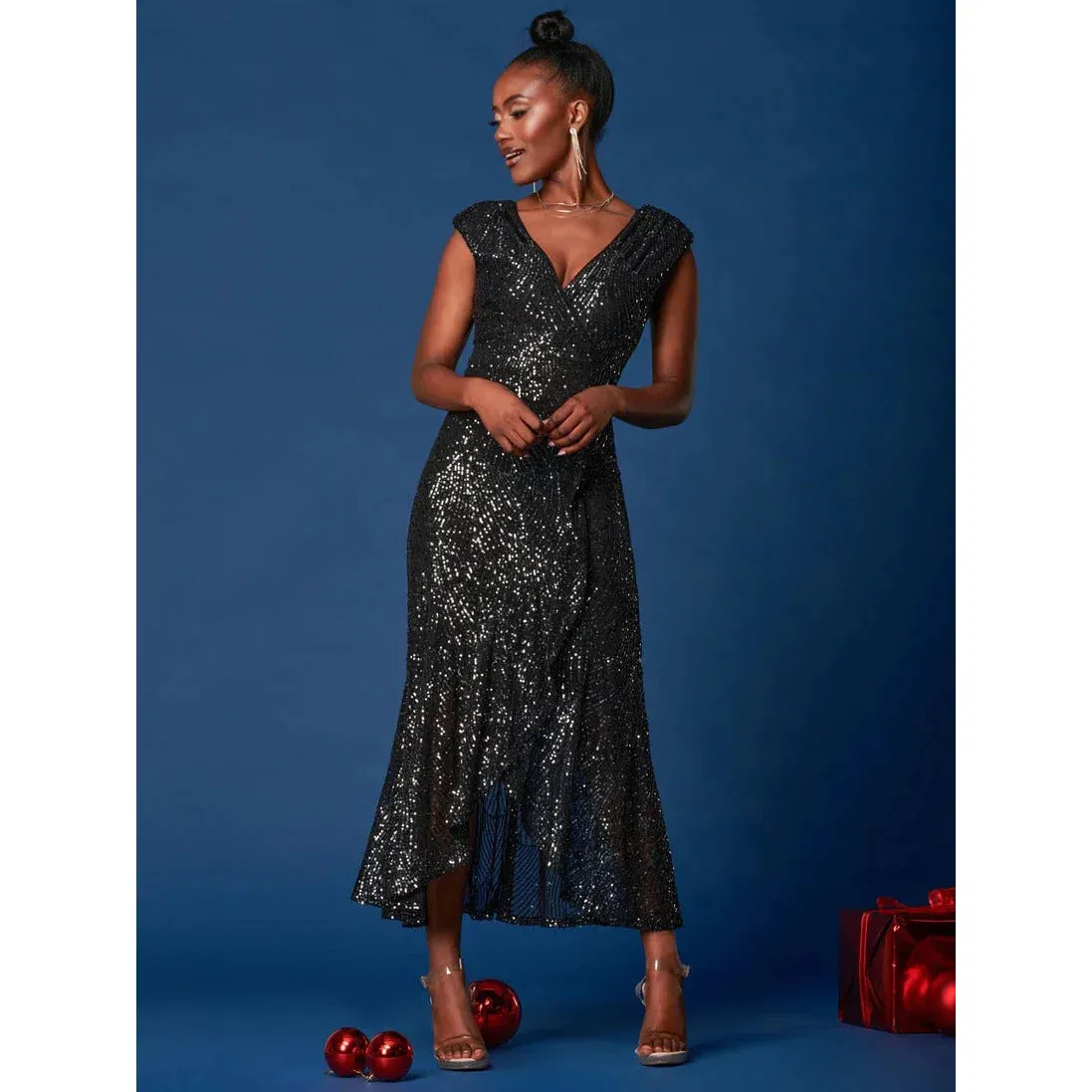 Black Sequin Wrap Dress with Ruffle Hem - Jolie Moi