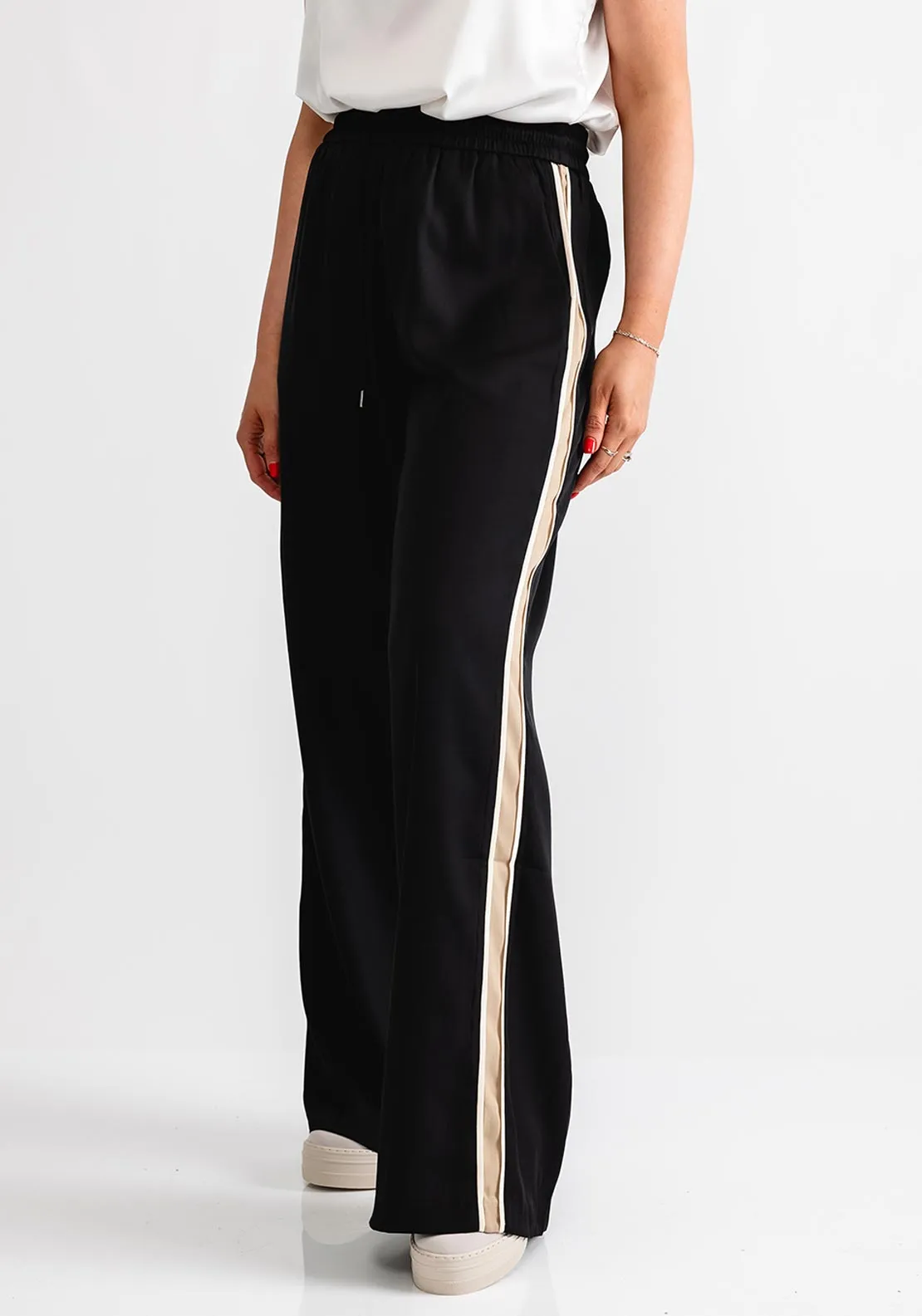 Kaffe Mille Stripe Wide Leg Track Trousers, Black