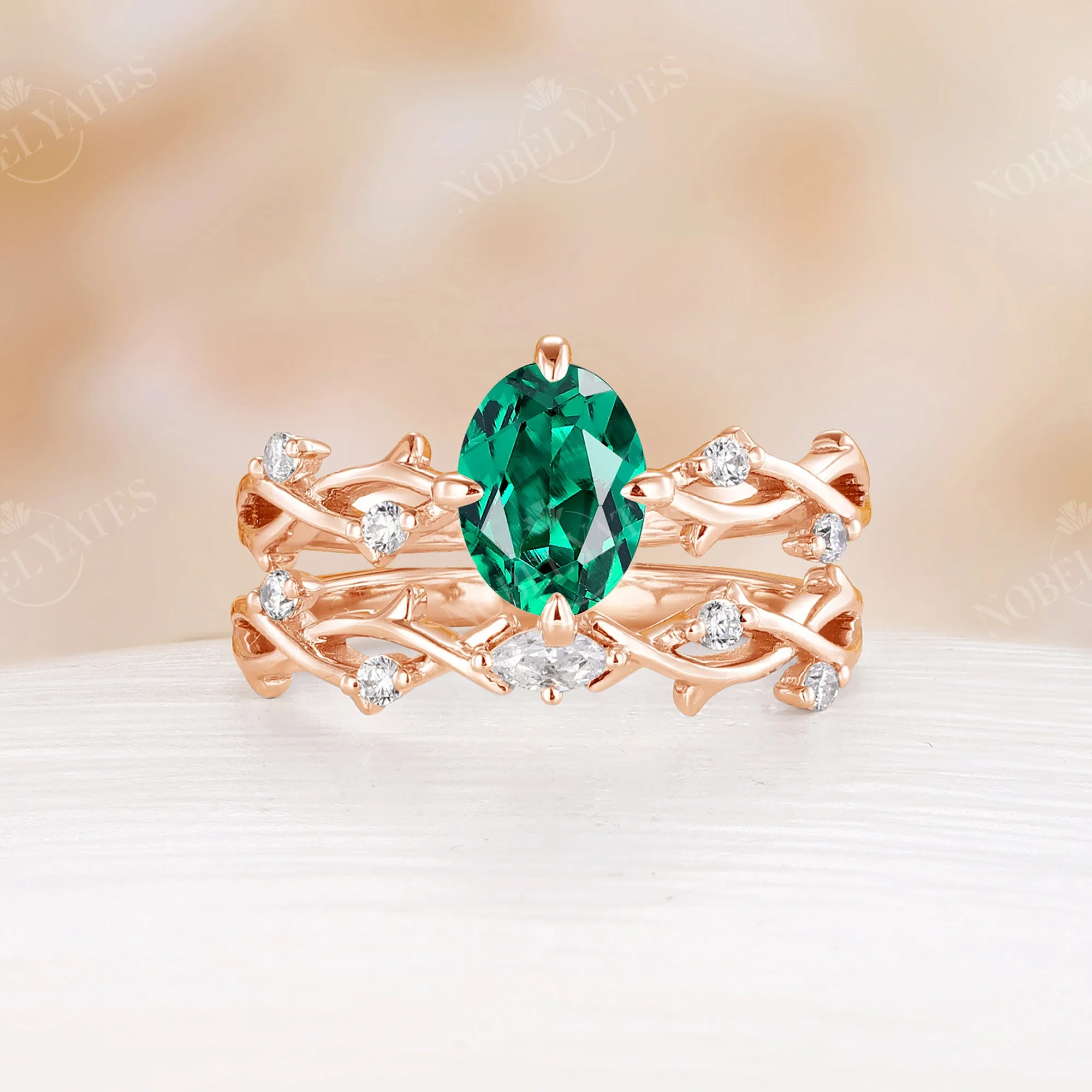 Lab Emerald Oval Cut Rose Gold Engagement Ring Set Nature Inspired Branch Band