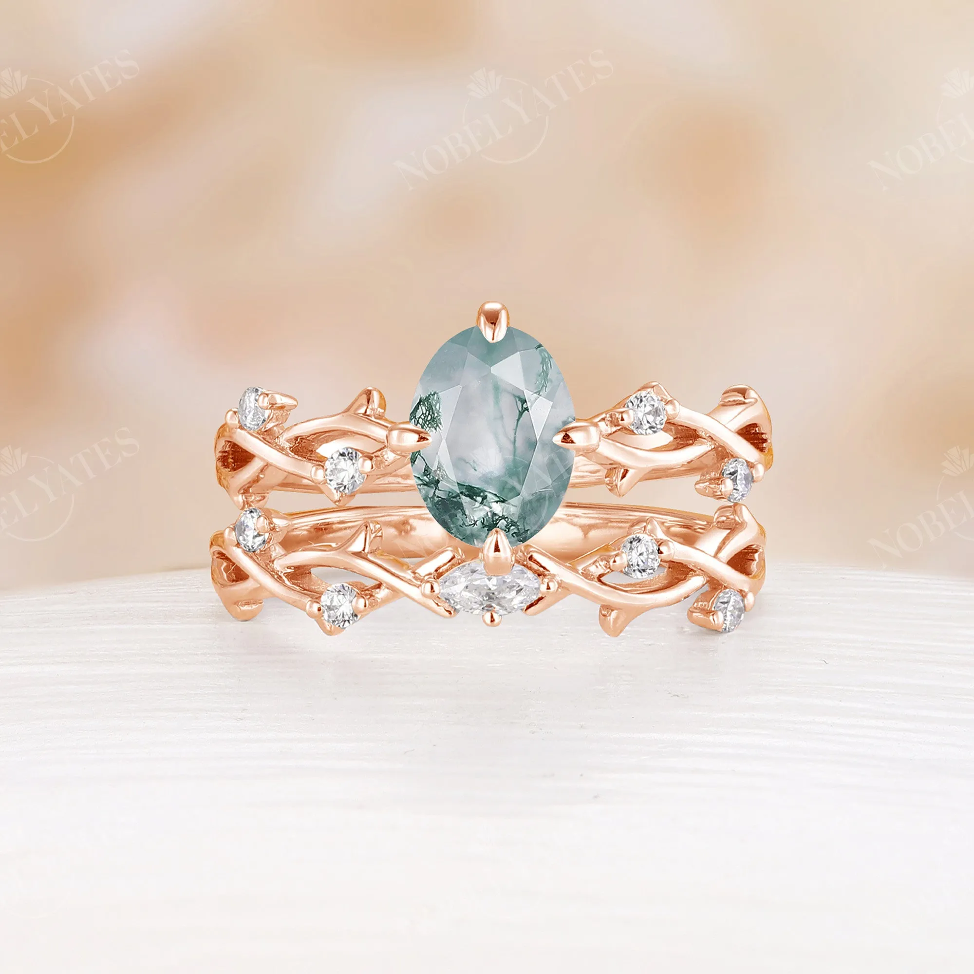 Lab Emerald Oval Cut Rose Gold Engagement Ring Set Nature Inspired Branch Band