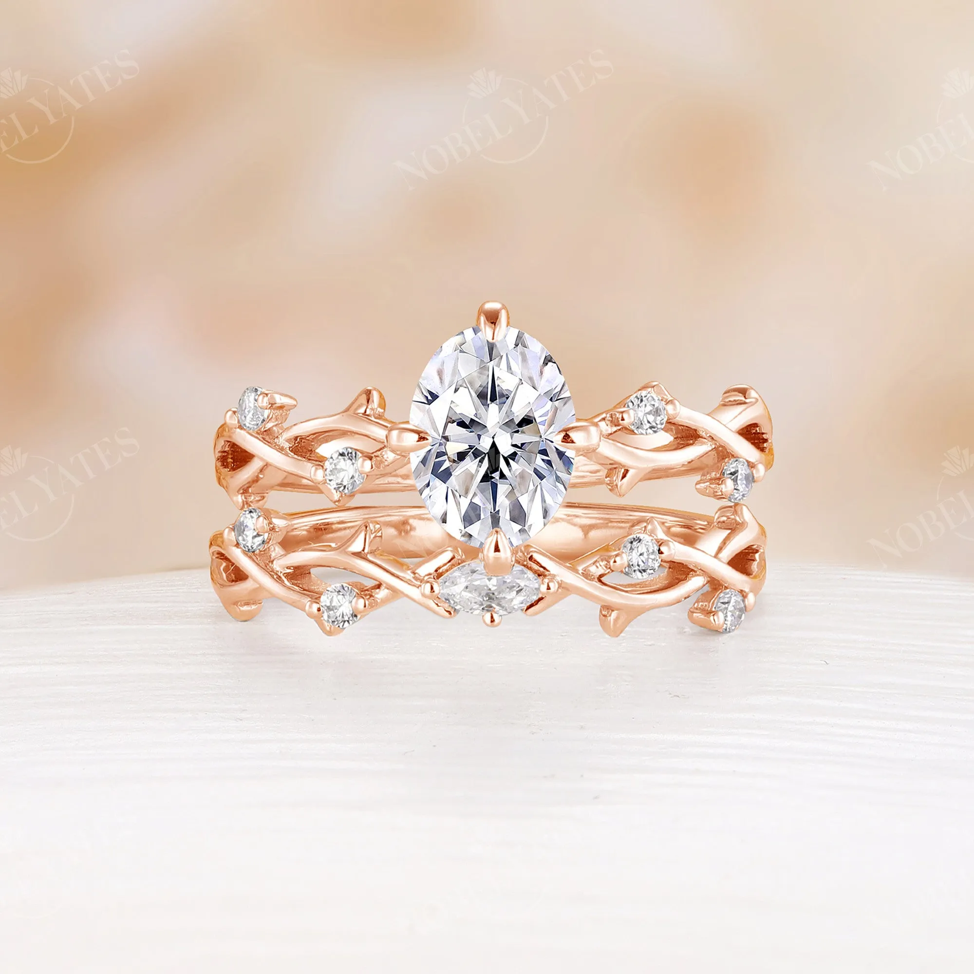 Lab Emerald Oval Cut Rose Gold Engagement Ring Set Nature Inspired Branch Band