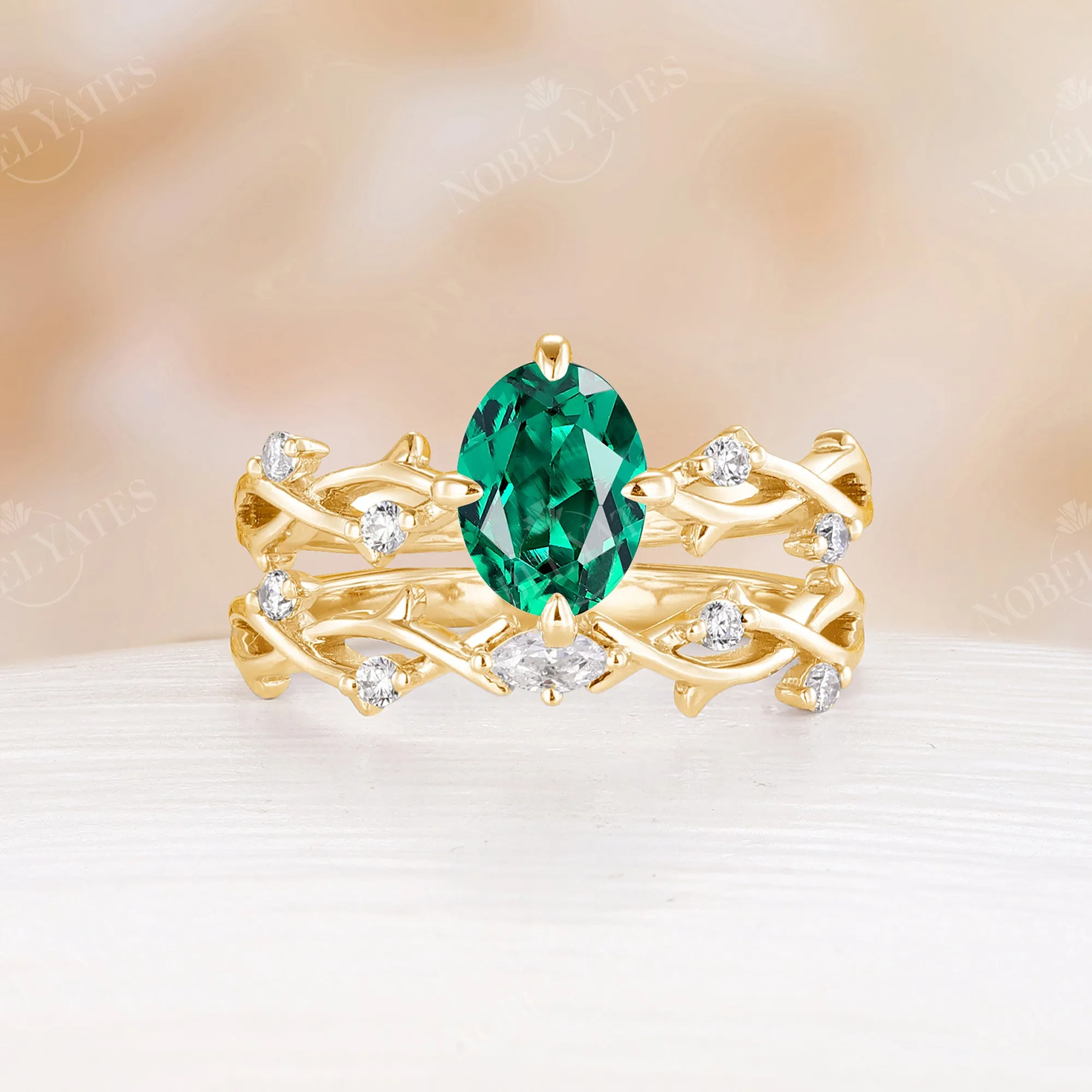 Lab Emerald Oval Cut Rose Gold Engagement Ring Set Nature Inspired Branch Band