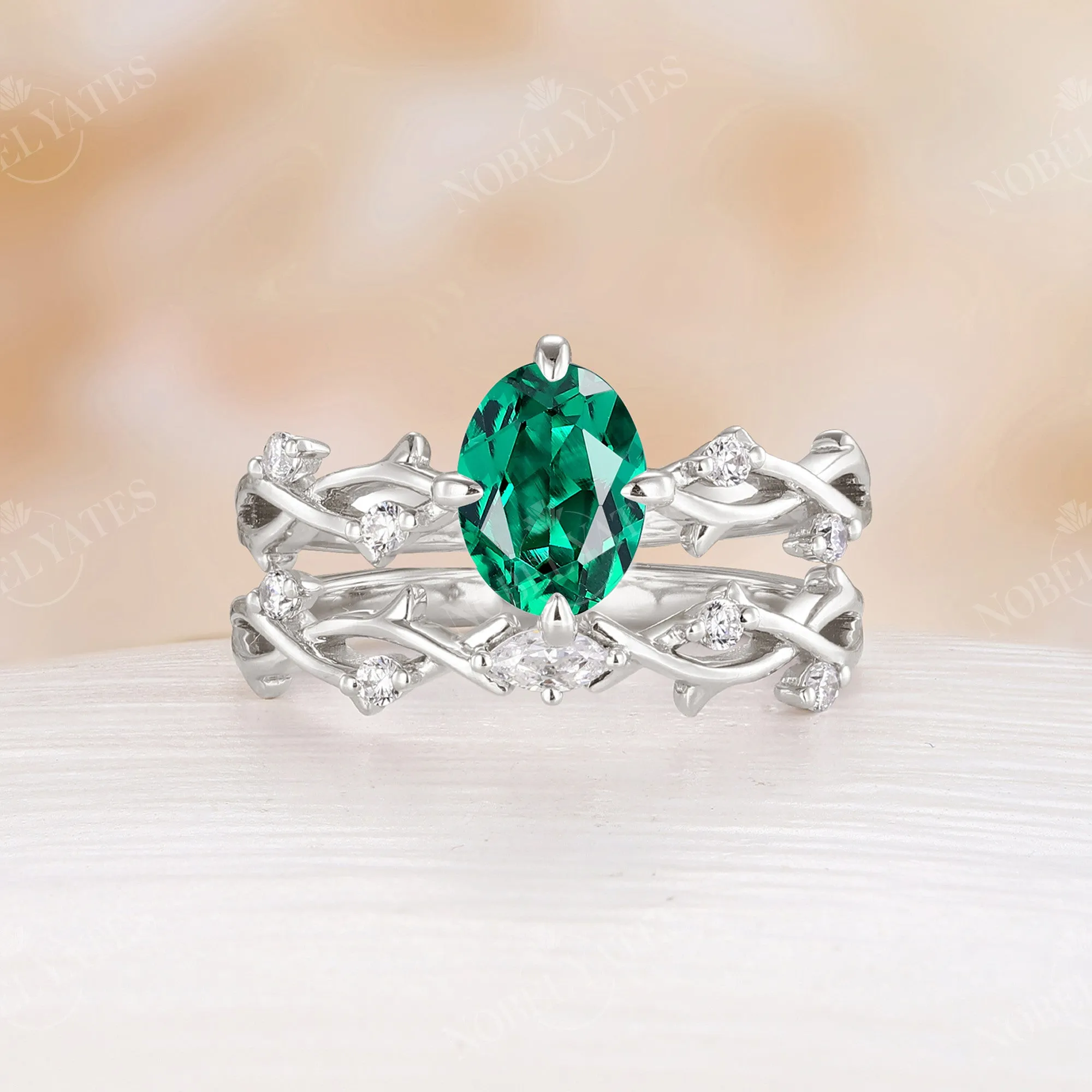 Lab Emerald Oval Cut Rose Gold Engagement Ring Set Nature Inspired Branch Band