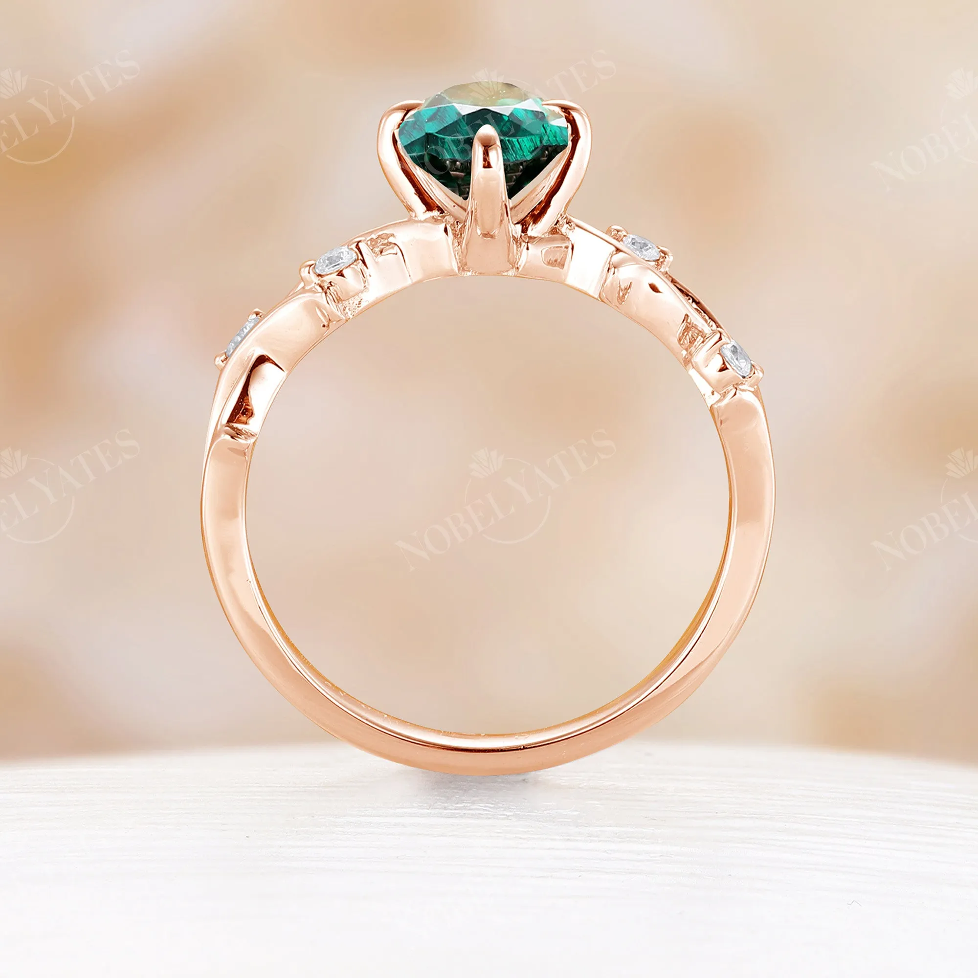 Lab Emerald Oval Cut Rose Gold Engagement Ring Set Nature Inspired Branch Band