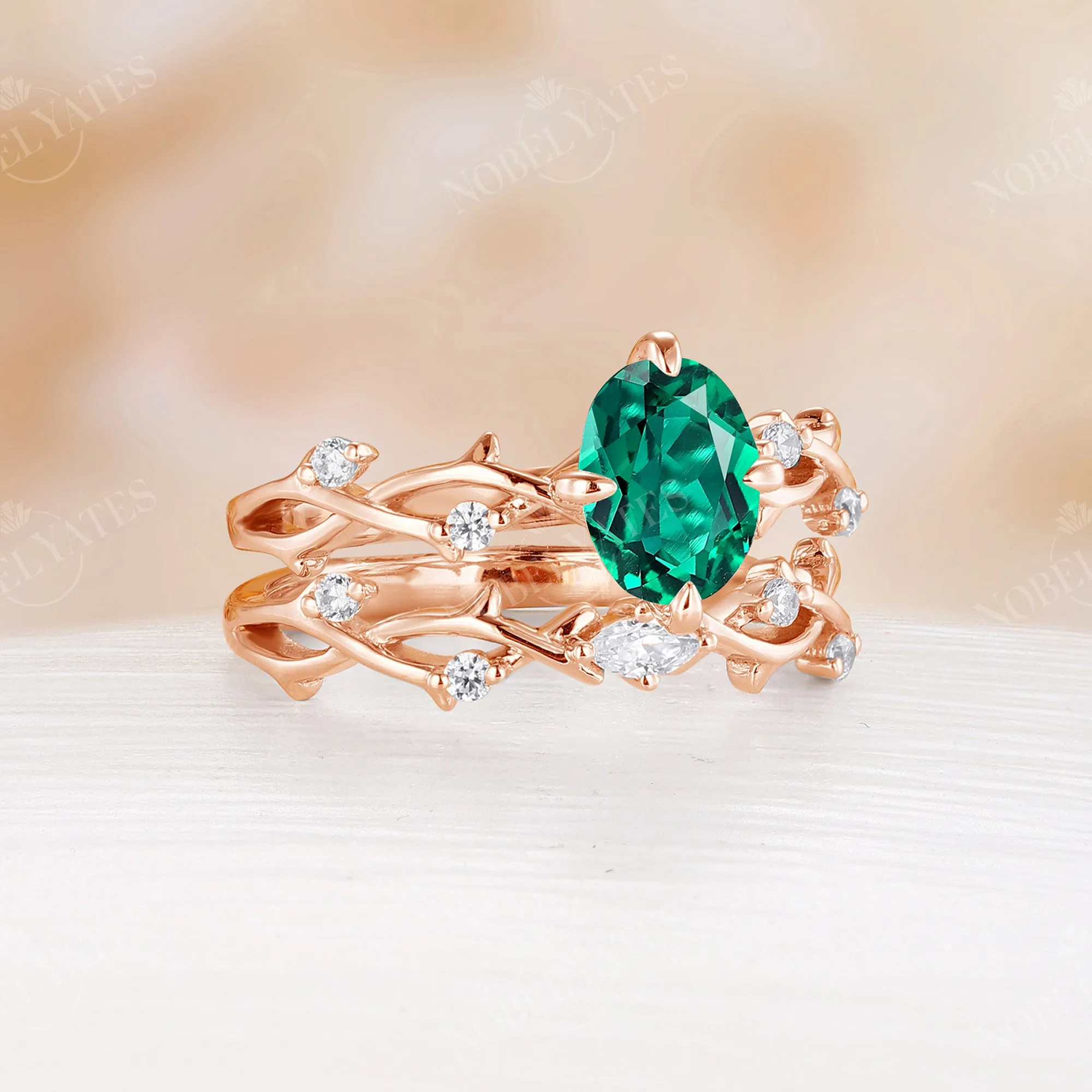 Lab Emerald Oval Cut Rose Gold Engagement Ring Set Nature Inspired Branch Band