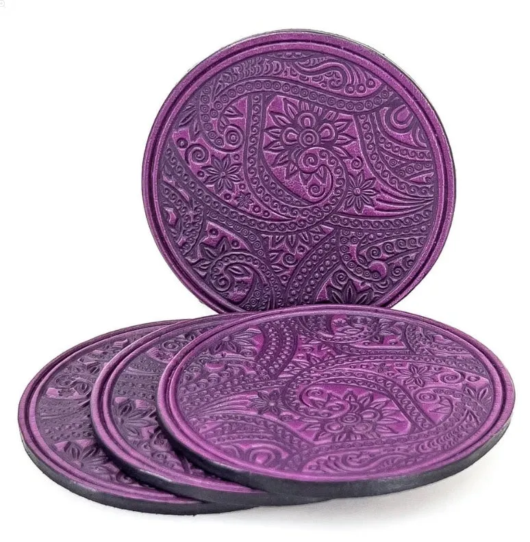 Leather Coaster Set with Paisley Design