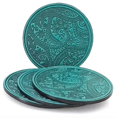 Leather Coaster Set with Paisley Design