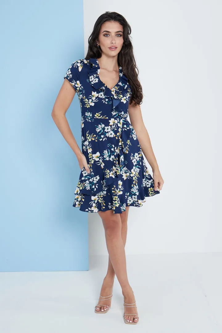 London Floral Wrap Frill Dress in Navy Blue by Lilura