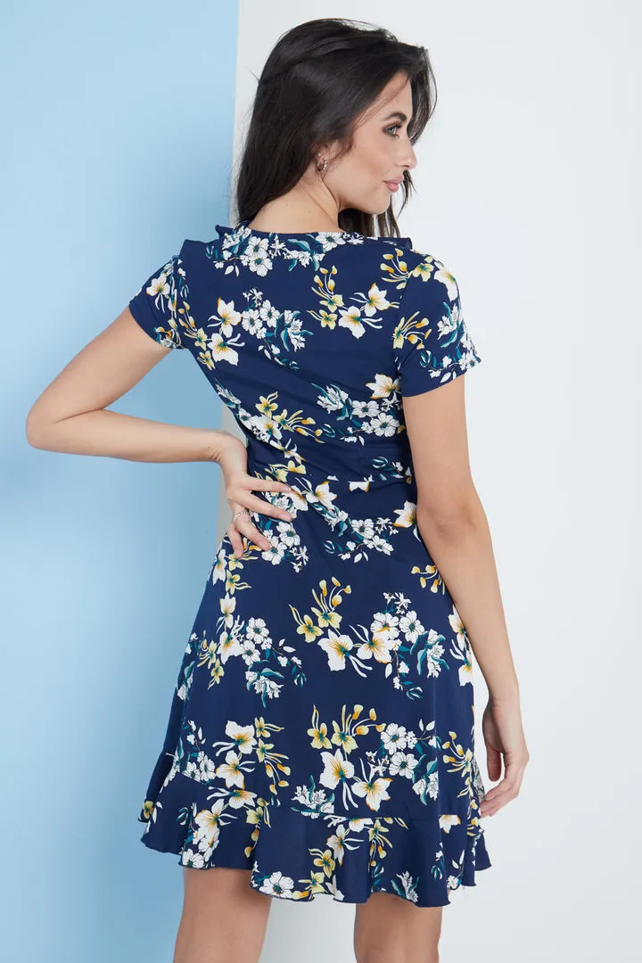 London Floral Wrap Frill Dress in Navy Blue by Lilura