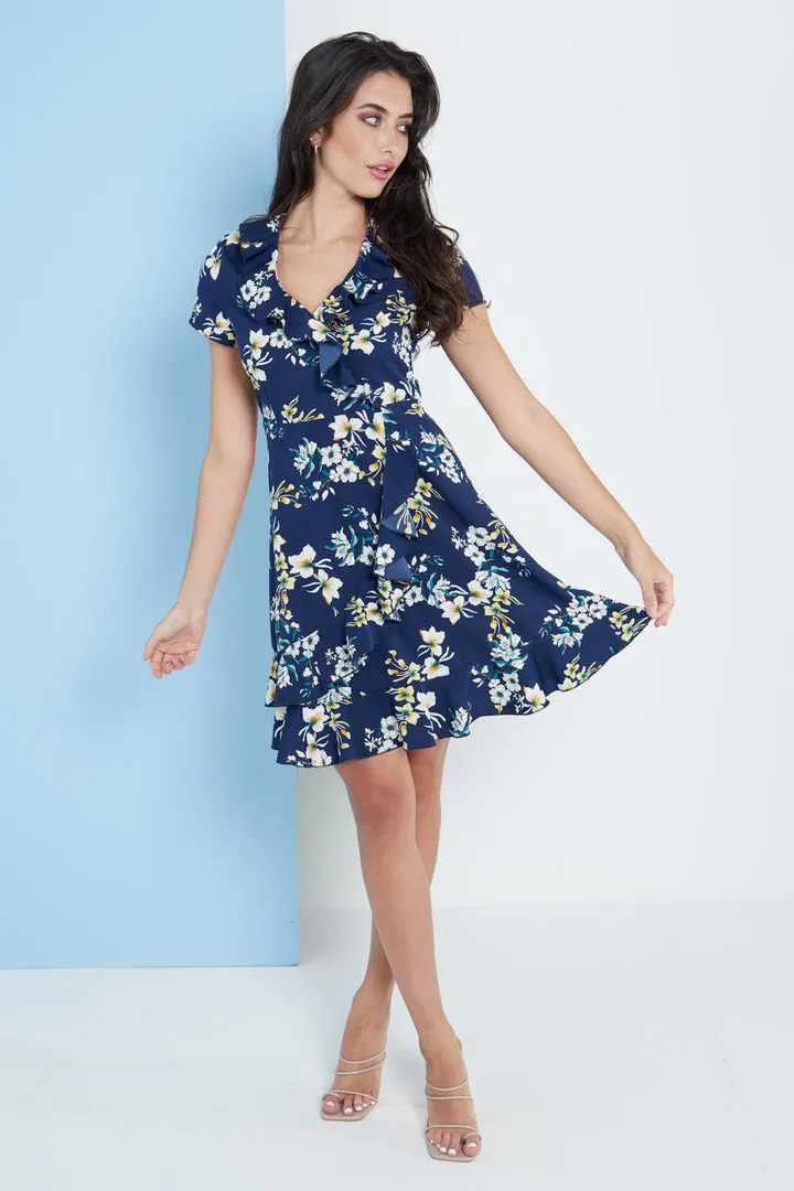 London Floral Wrap Frill Dress in Navy Blue by Lilura