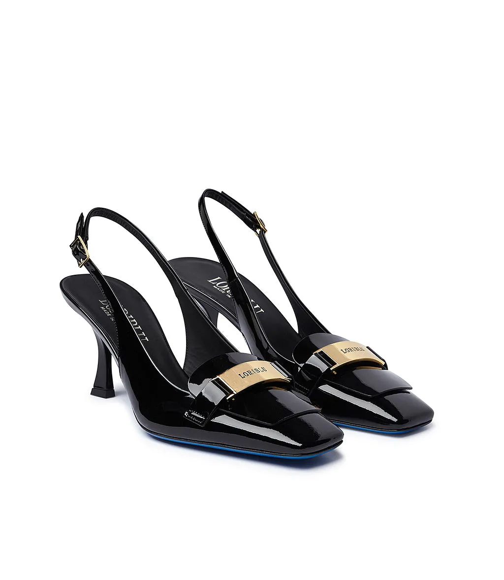 Logo-plaque Black Patent Leather Slingback Pumps