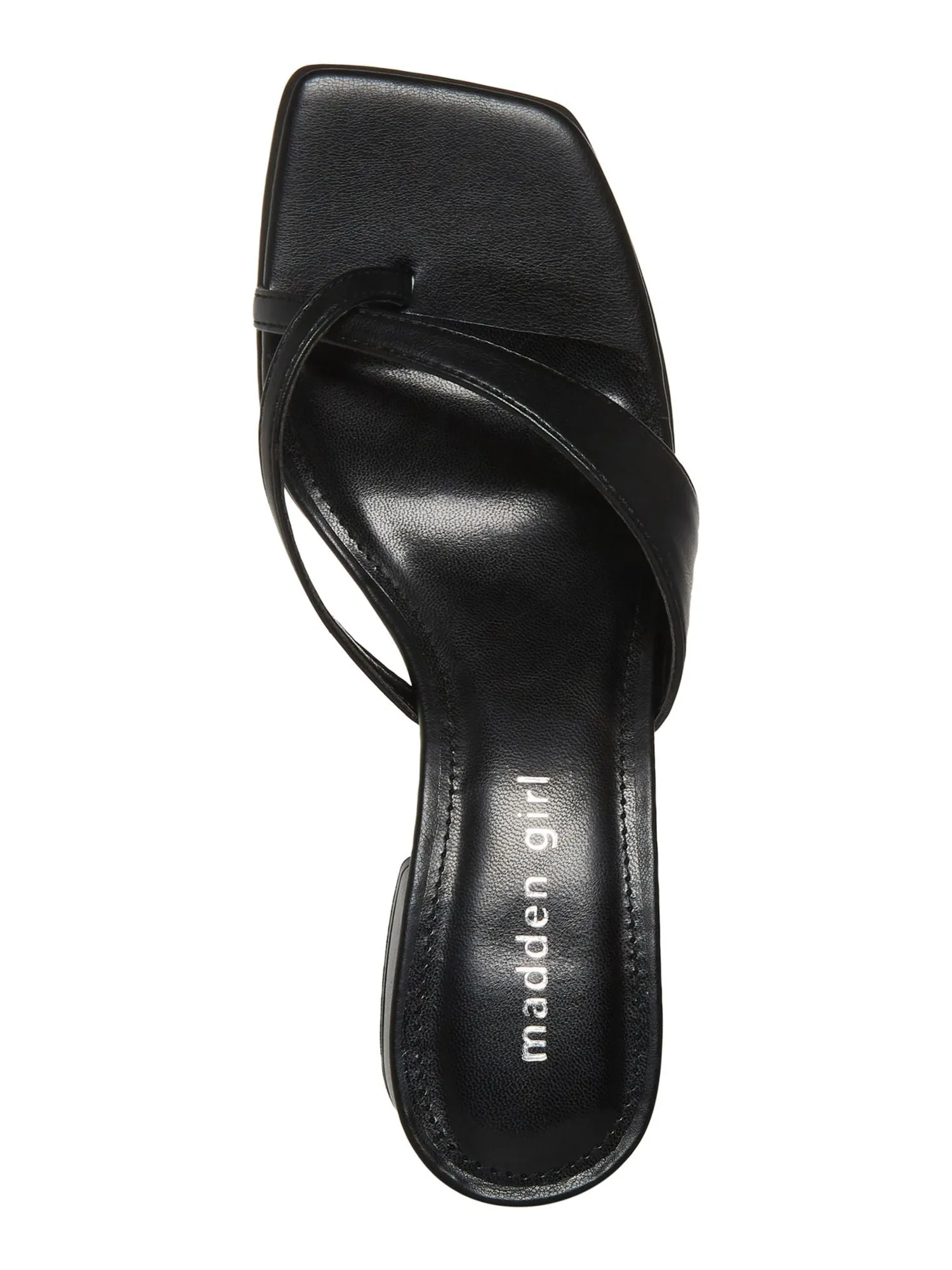 MADDEN GIRL Women's Black Heeled Sandal with Square Toe and Toe Strap