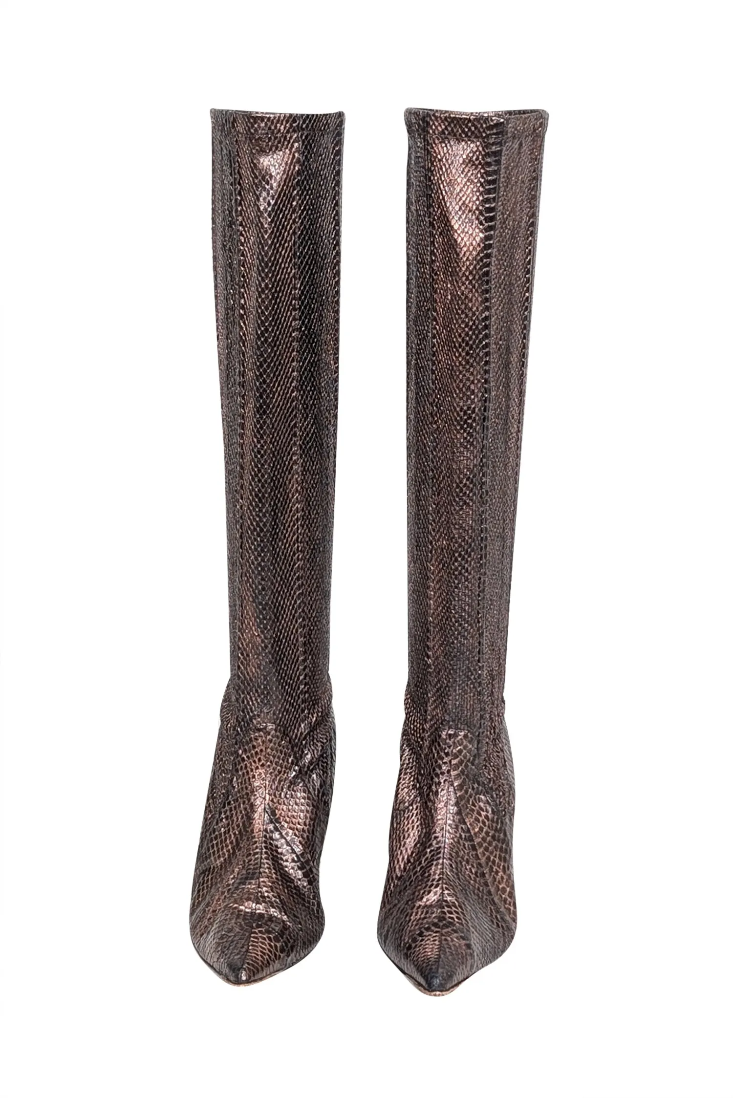 Manolo Blahnik - Brown & Copper Snakeskin Embossed Leather Tall Boots Sz 8