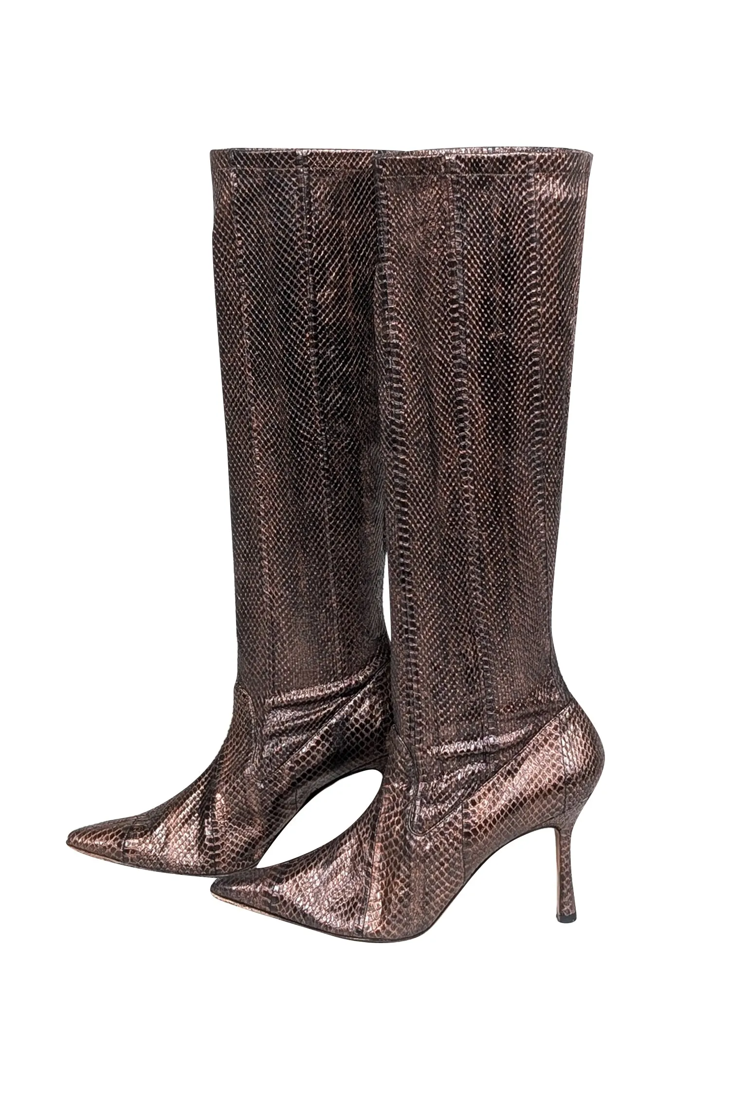 Manolo Blahnik - Brown & Copper Snakeskin Embossed Leather Tall Boots Sz 8