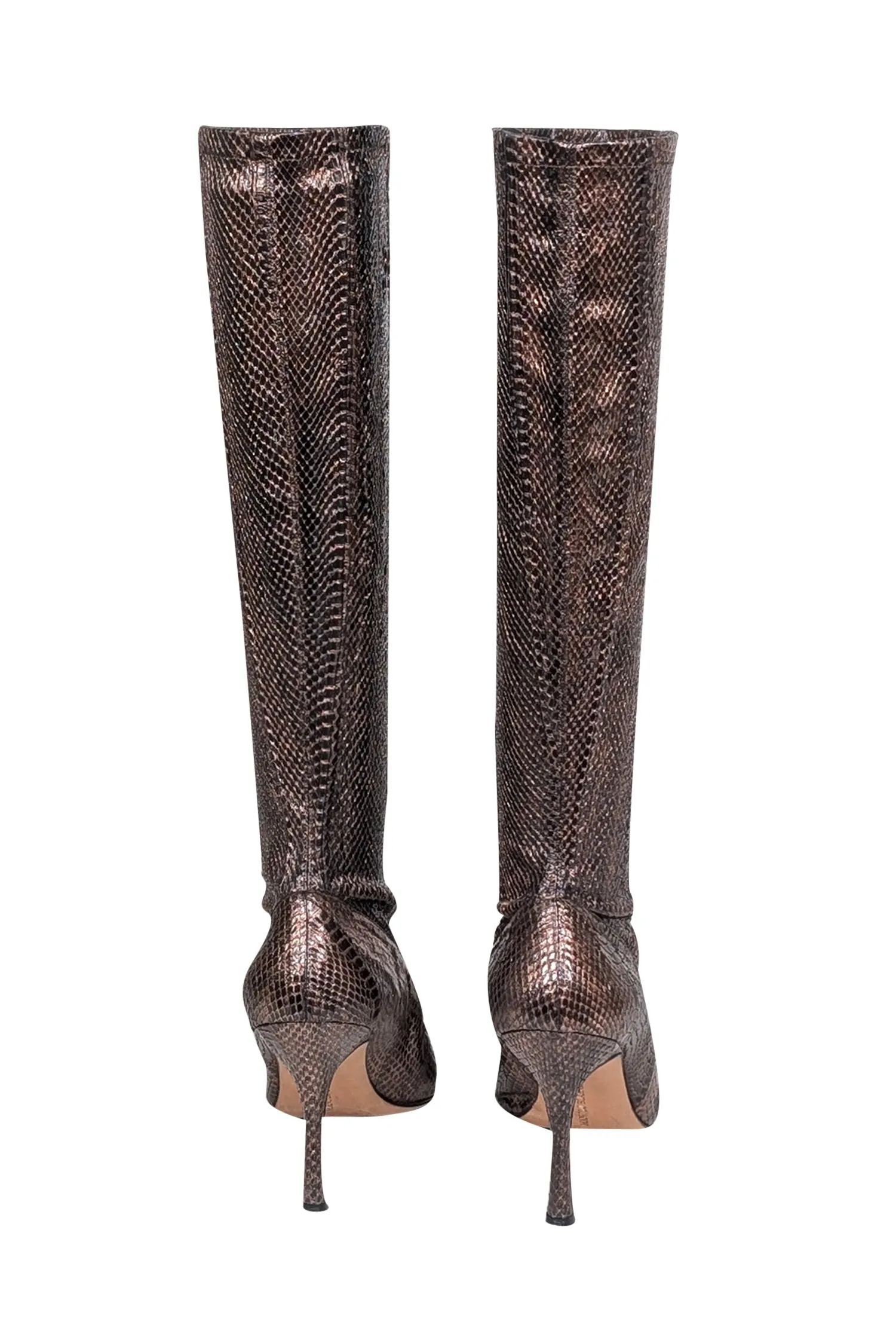 Manolo Blahnik - Brown & Copper Snakeskin Embossed Leather Tall Boots Sz 8