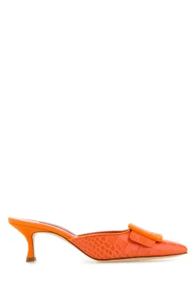 Manolo Blahnik Orange Leather Maysale Mules