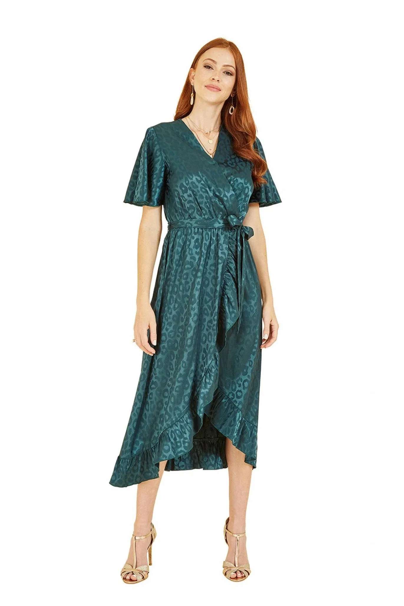 Green Leopard Print Wrap Midi Dress by Mela London