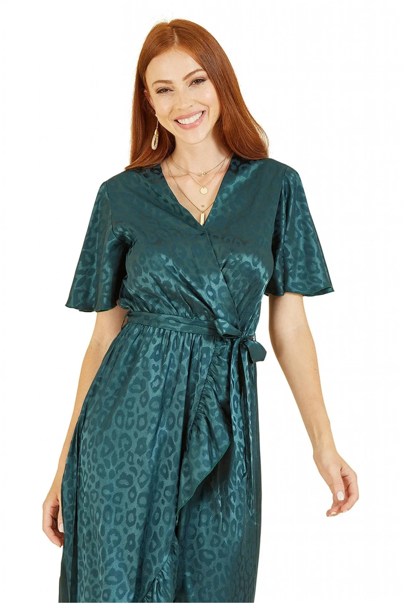 Green Leopard Print Wrap Midi Dress by Mela London