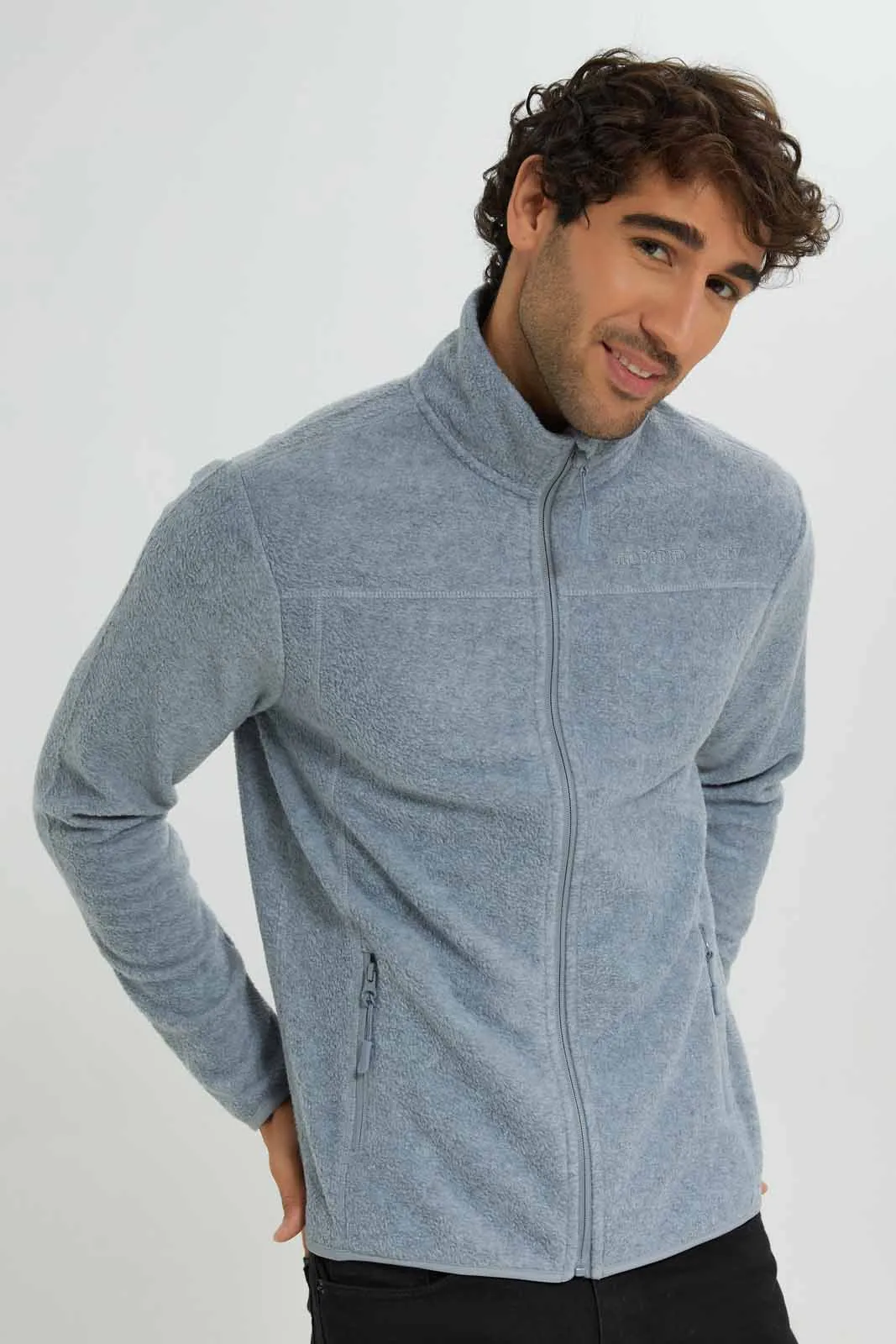 Men Grey Zip Thru Sweatshirt