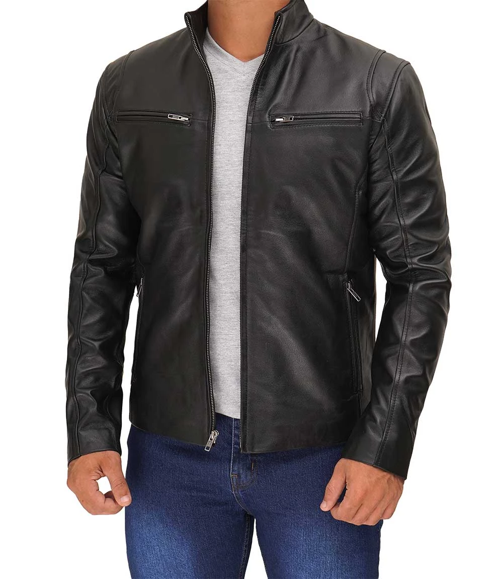 Men's Slim Fit Black Cafe Racer Leather Jacket