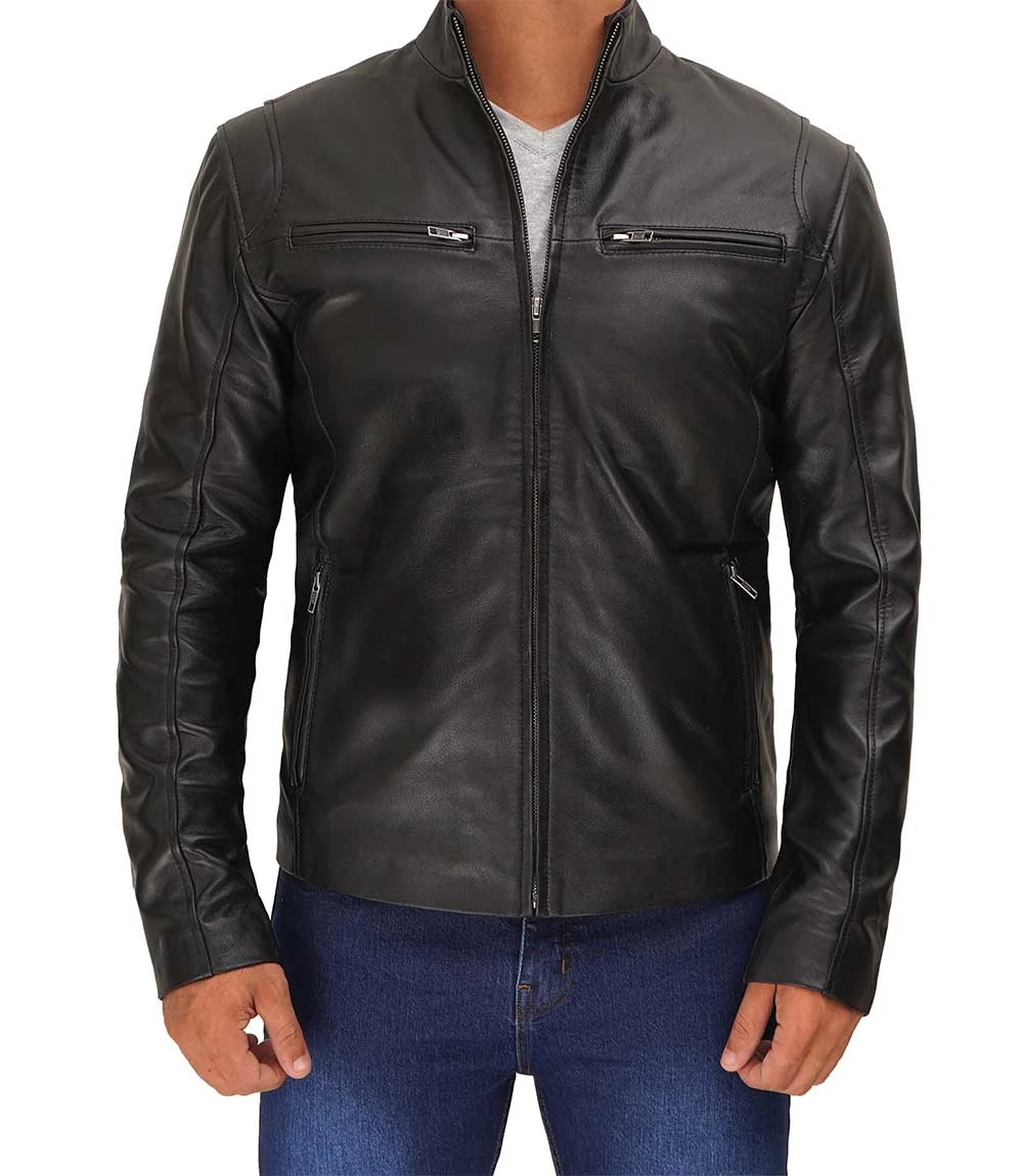 Men's Slim Fit Black Cafe Racer Leather Jacket