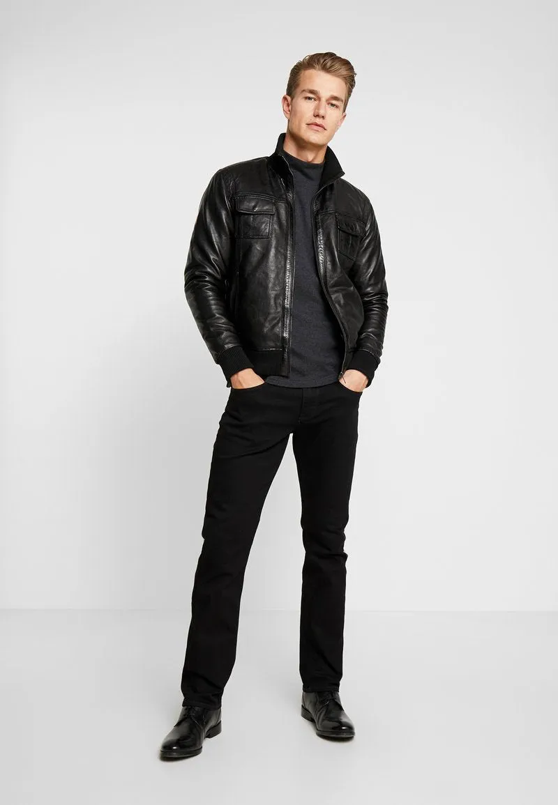 Men’s Black Leather Bomber Jacket