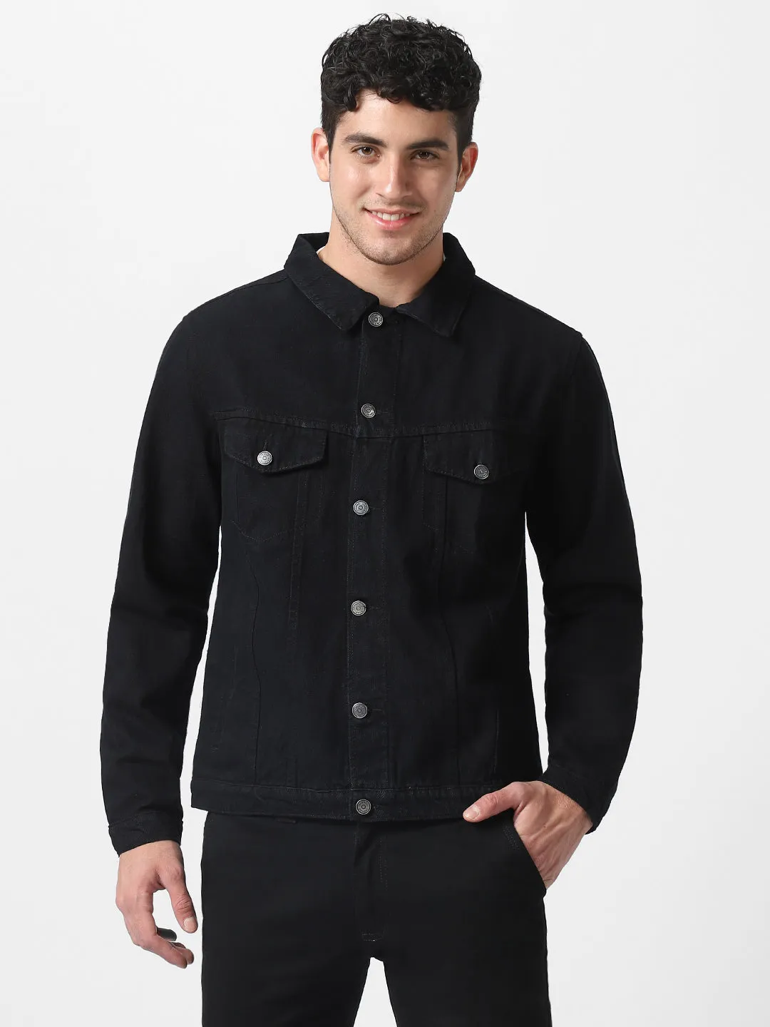 Men's Black Solid Regular Fit Washed Full Sleeve Denim Jacket