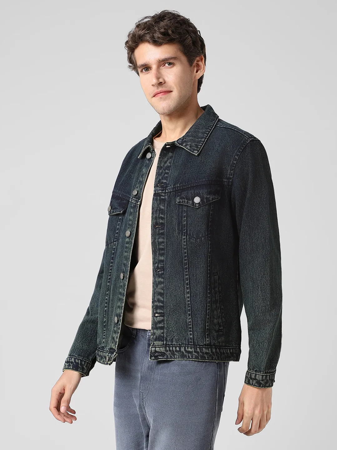 Men's Dark Blue Regular Fit Washed Full Sleeve Denim Jacket