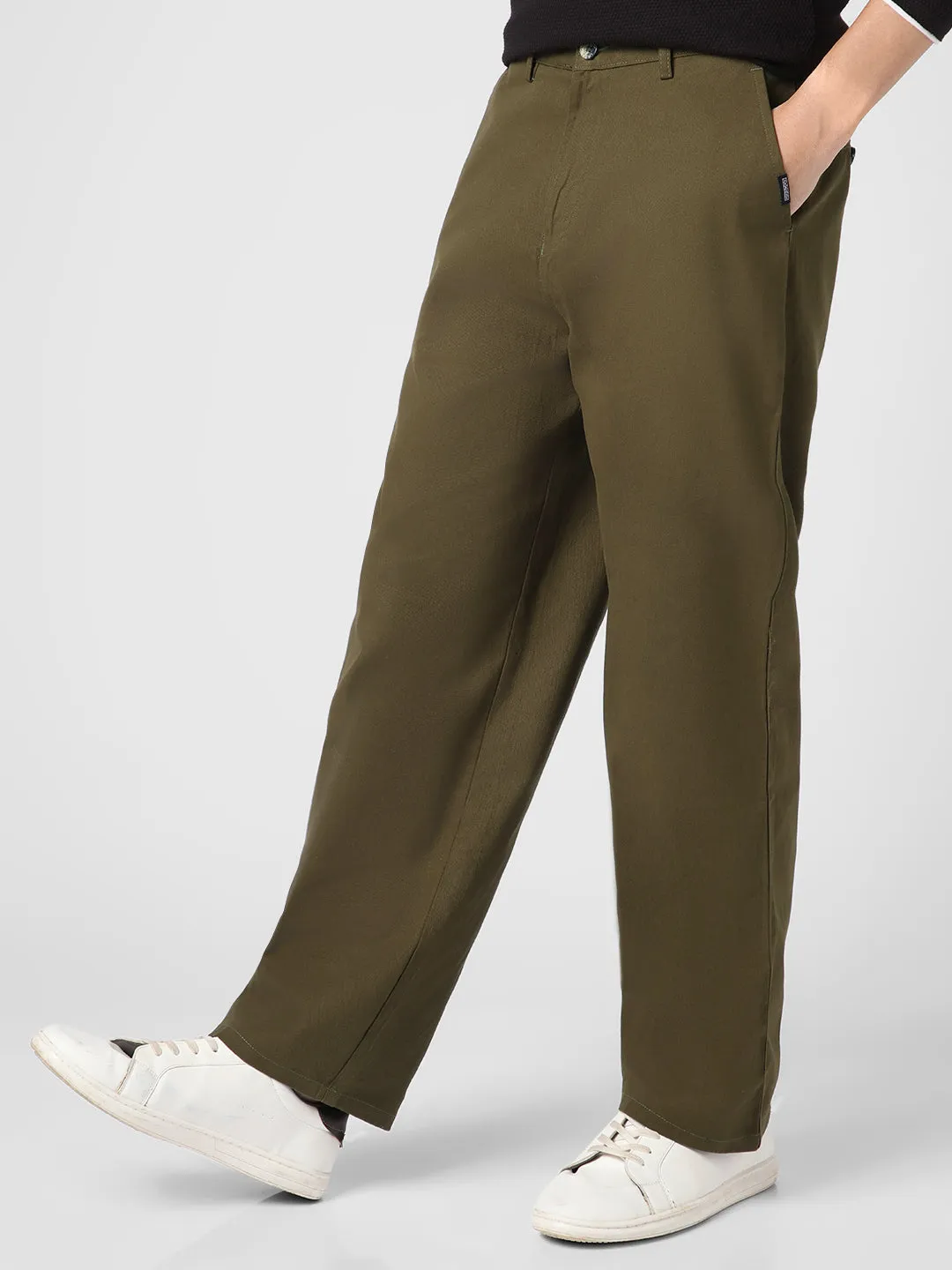 Men's Dark Olive Loose Baggy Fit Solid Chino Trousers Non-Stretchable