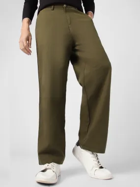 Men's Dark Olive Loose Baggy Fit Solid Chino Trousers Non-Stretchable