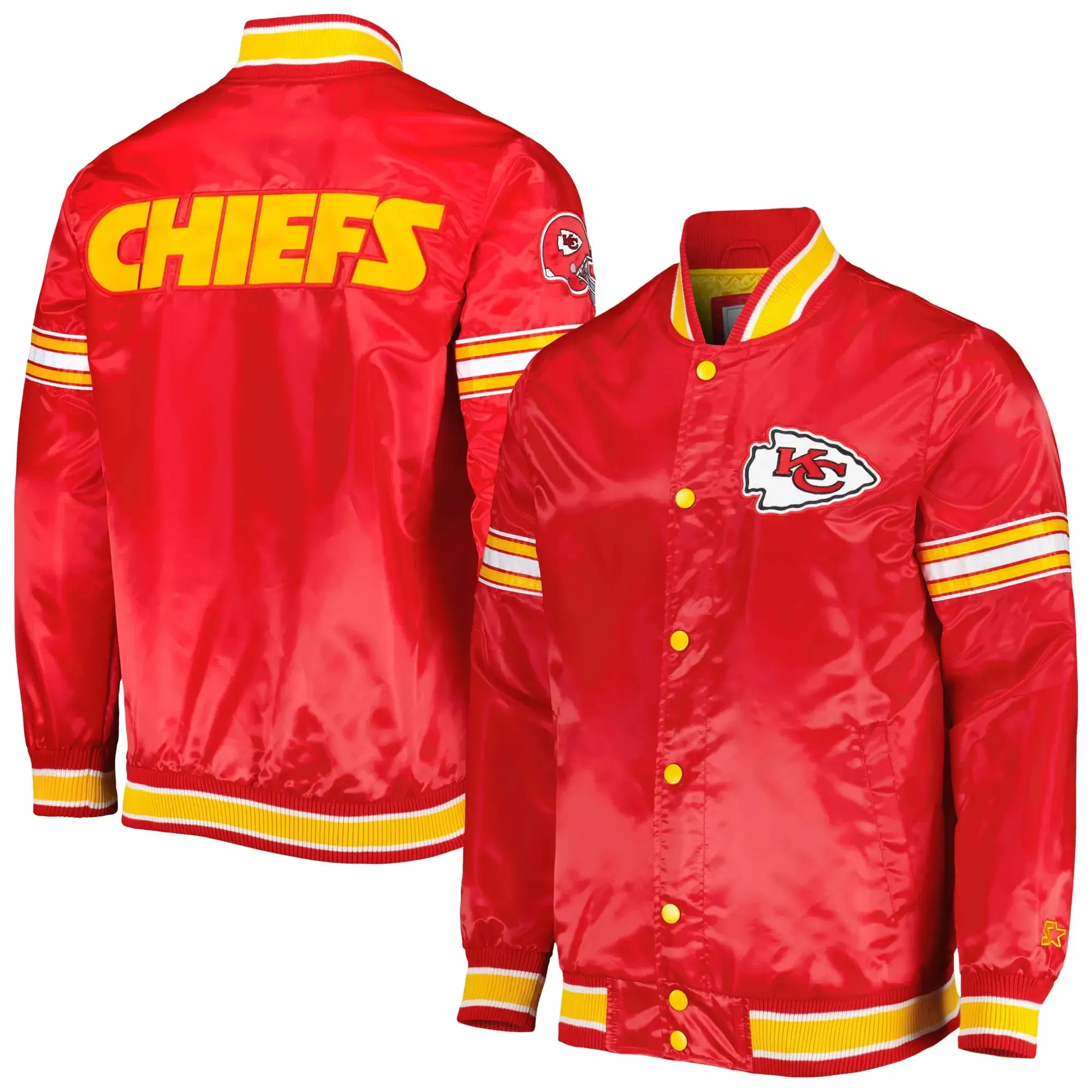 Men's Kansas City Chiefs NFL Red Satin Full-Snap Bomber Jacket Embroidered Logo