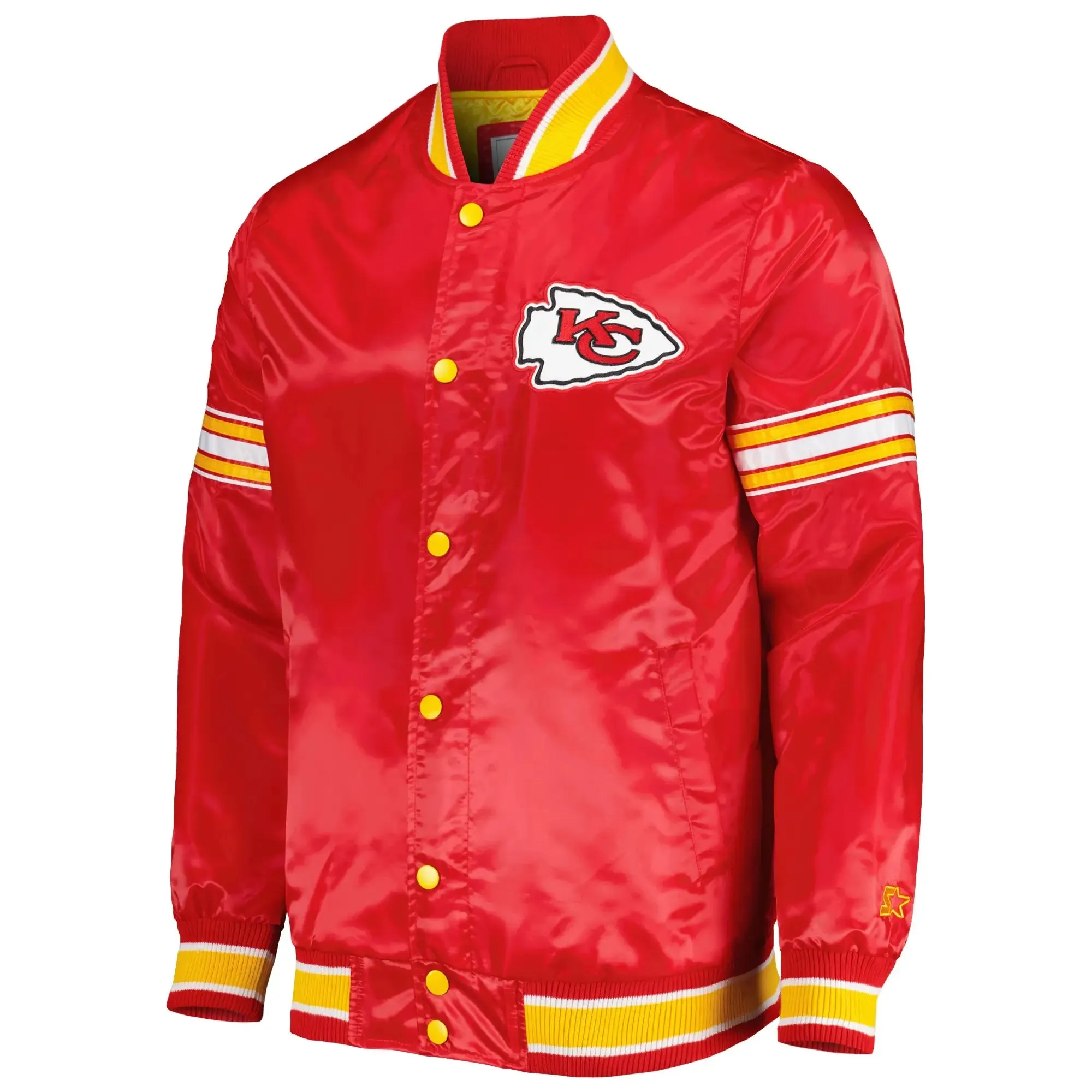 Men's Kansas City Chiefs NFL Red Satin Full-Snap Bomber Jacket Embroidered Logo