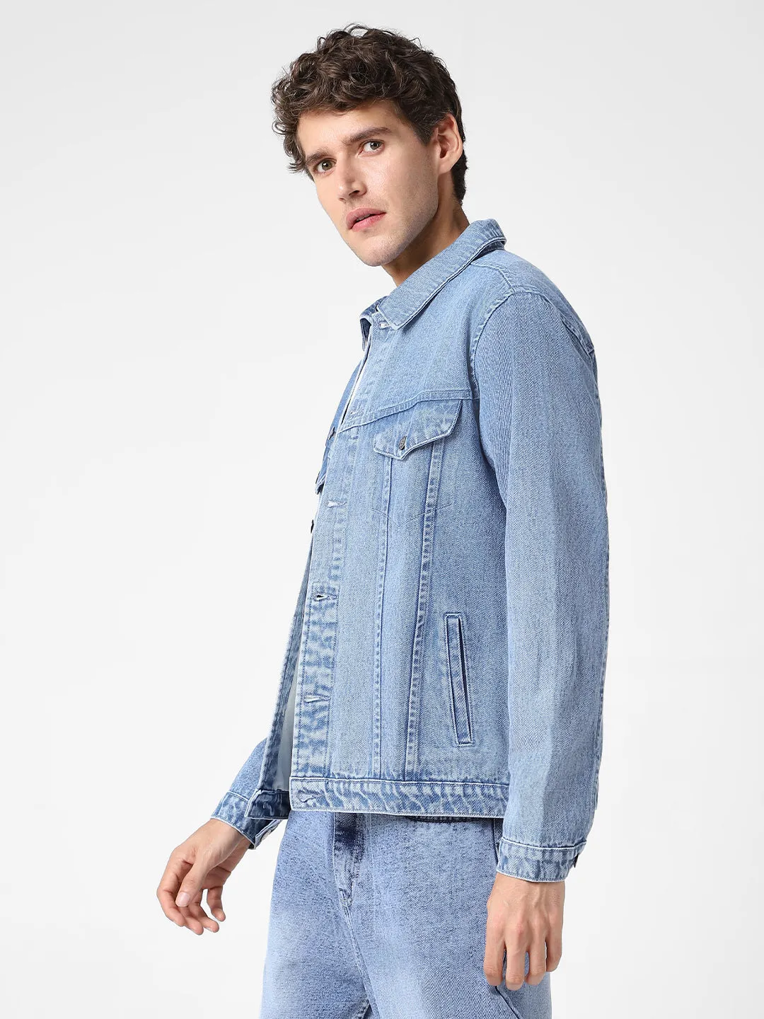 Men's Light Blue Regular Fit Washed Full Sleeve Denim Jacket