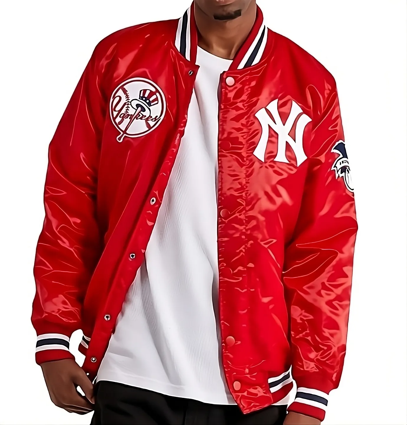 Men's New York Yankees Red Satin Full Snap Varsity Jacket